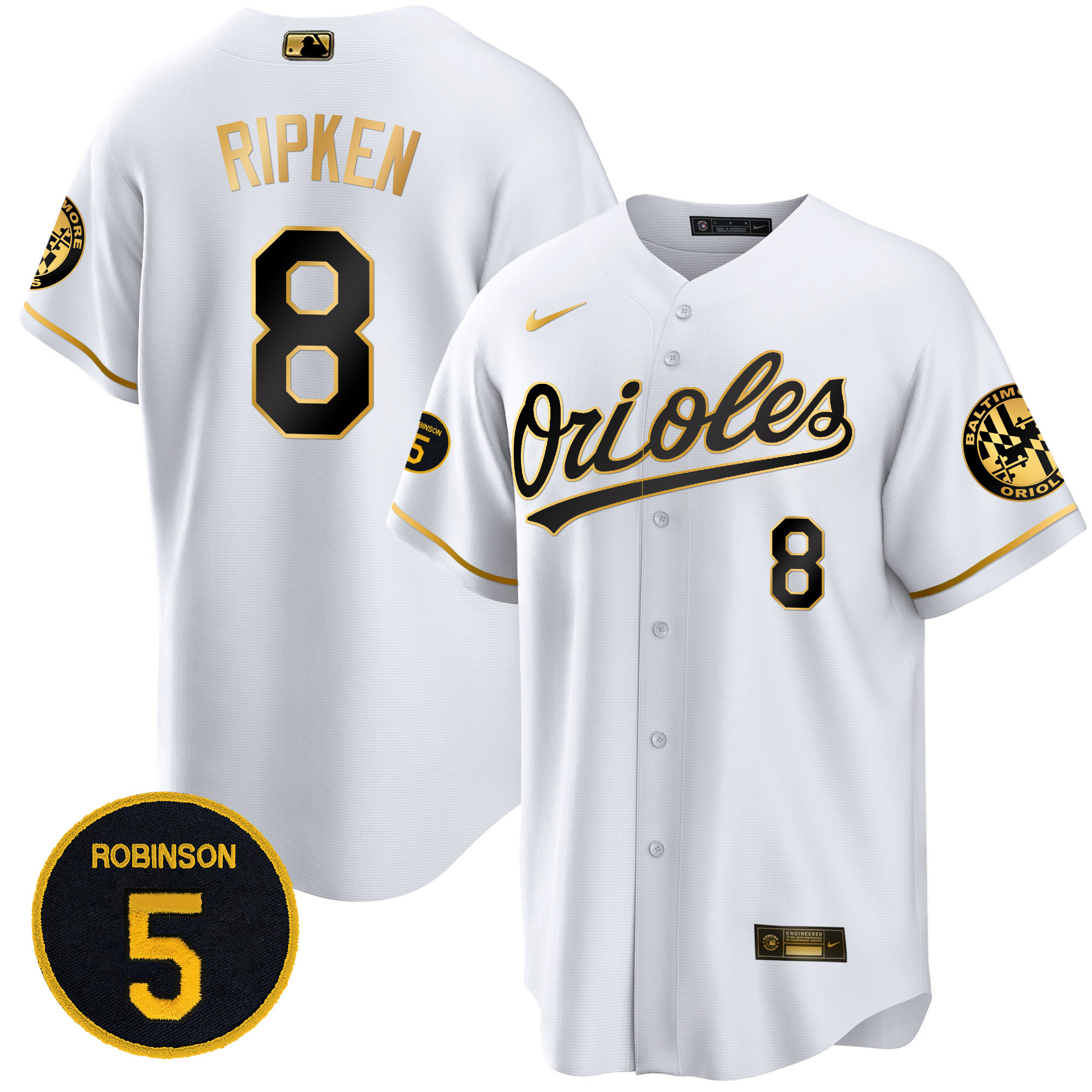 Cal Ripken Men’s Baltimore Orioles Robinson Patch Cool Base White Gold Jersey - All Stitched