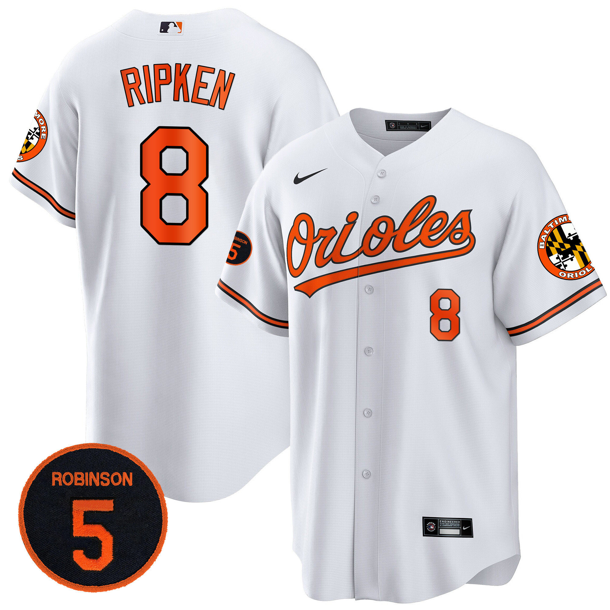 Cal Ripken Men’s Baltimore Orioles Robinson Patch Cool Base White Jersey - All Stitched