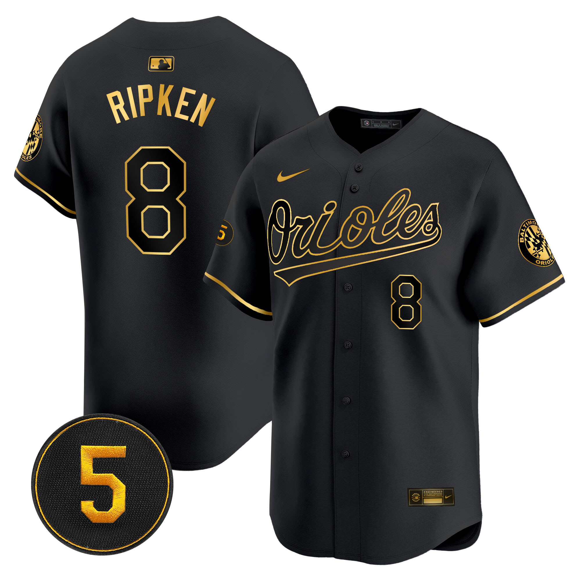 Cal Ripken Men’s Baltimore Orioles Robinson Patch Vapor Premier Limited Black Gold Jersey - All Stitched