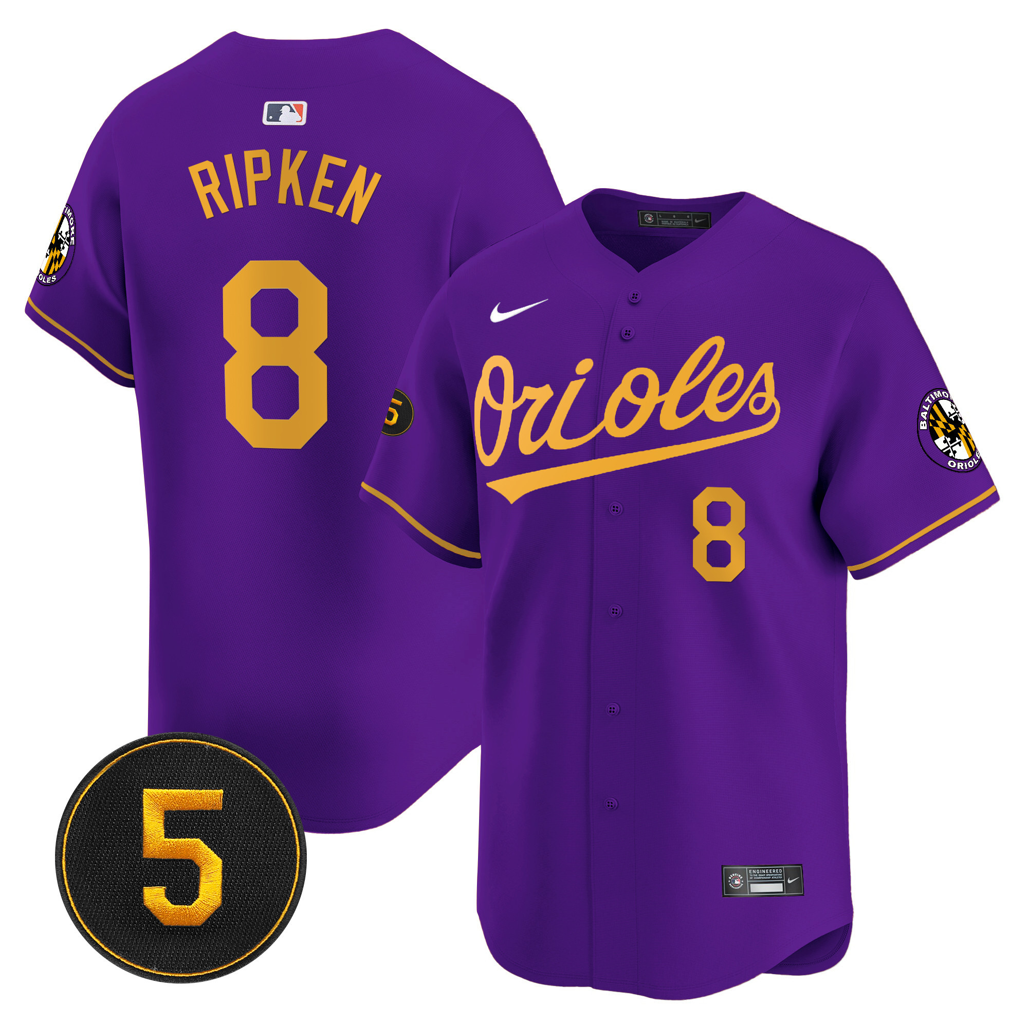Cal Ripken Men’s Baltimore Orioles Robinson Patch Vapor Premier Limited Purple Gold Jersey - All Stitched