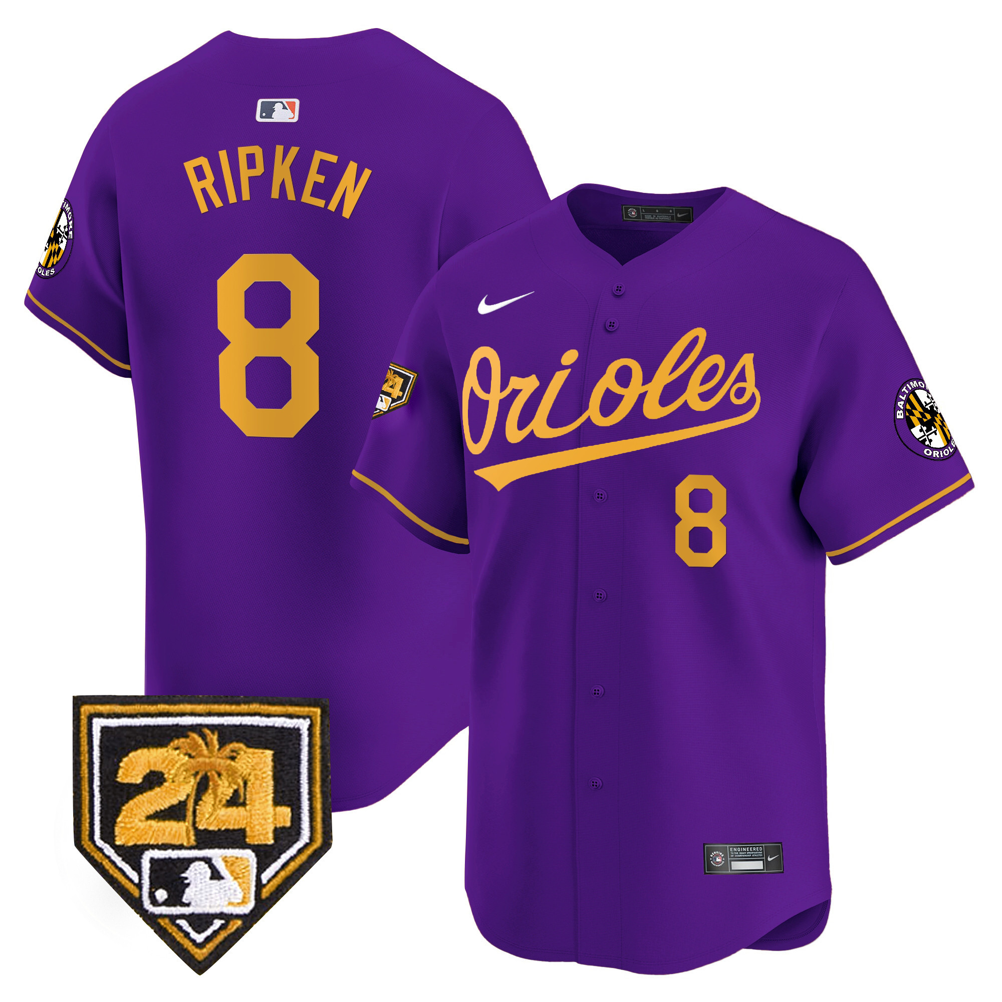 Cal Ripken Men's Baltimore Orioles 2024 Spring Training Patch Vapor Premier Limited Purple Gold Jersey - All Stitched