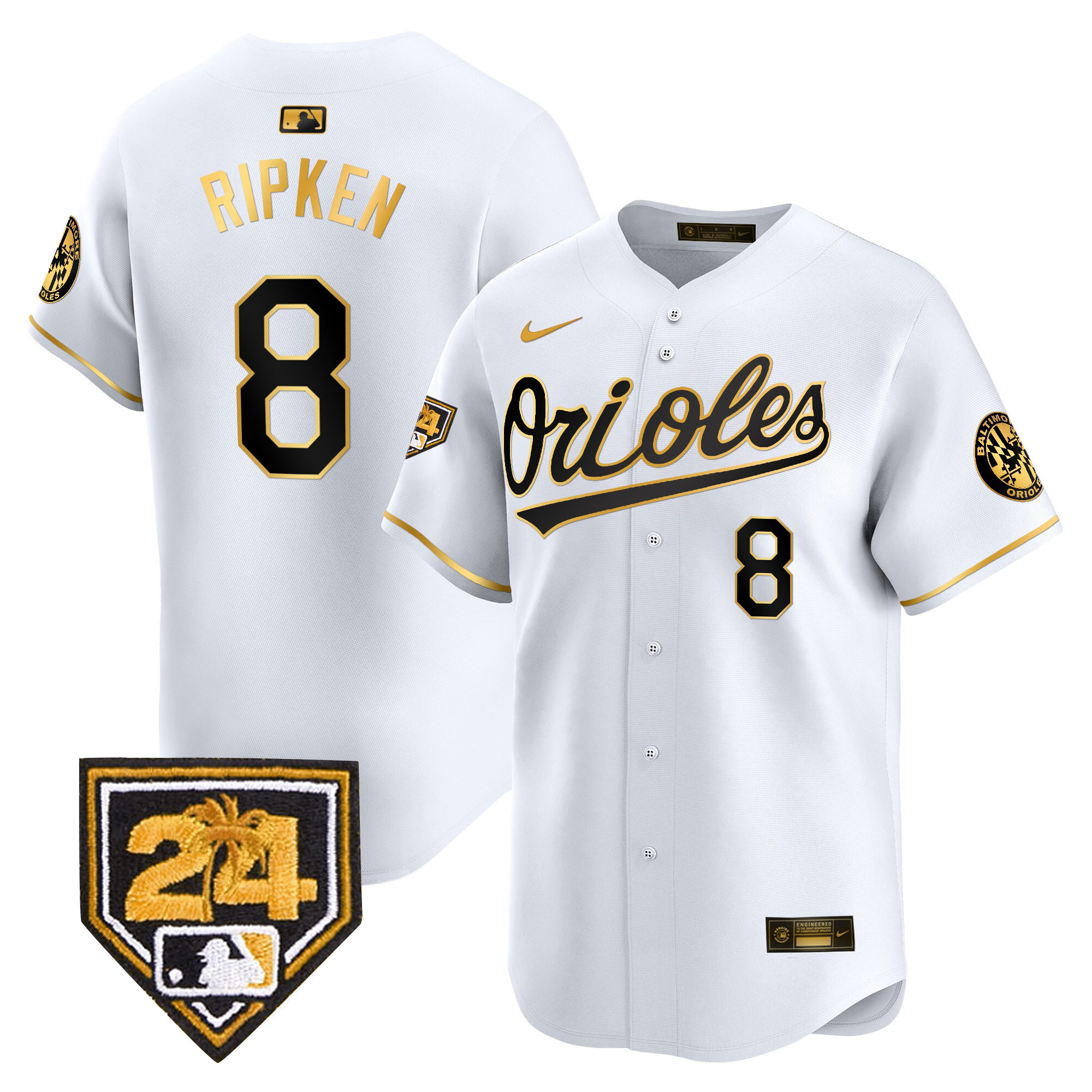 Cal Ripken Men's Baltimore Orioles 2024 Spring Training Patch Vapor Premier Limited White Gold Jersey - All Stitched