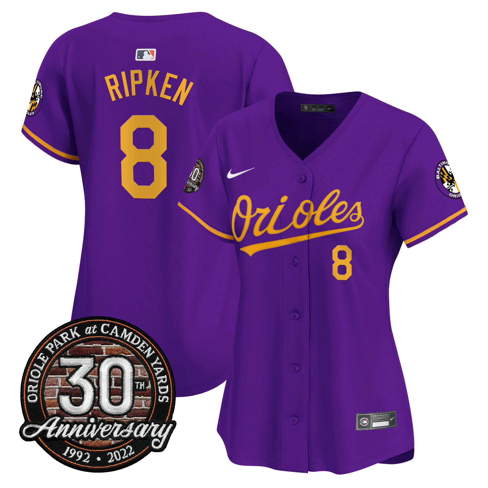 Cal Ripken Women’s Baltimore Orioles Camden Yards 30th Anniversary Patch Vapor Premier Limited Purple Gold Jersey - All Stitched