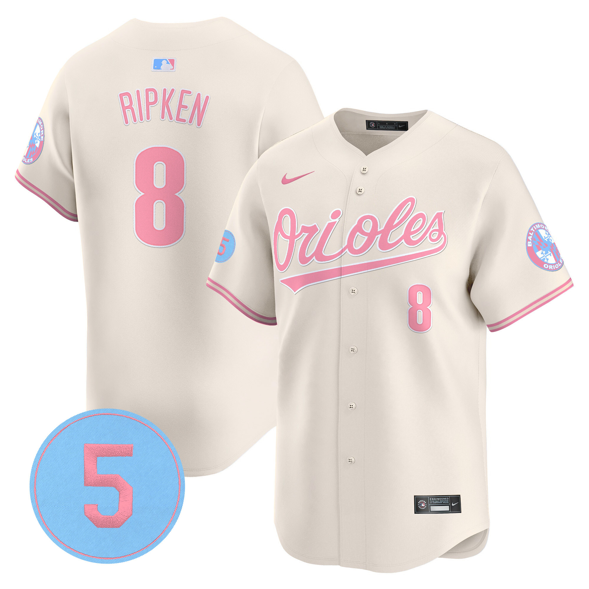 Cal RipkenUnisex Baltimore Orioles Bubblegum Pink Robinson Patch Vapor Premier Limited Cream Jersey - All Stitched