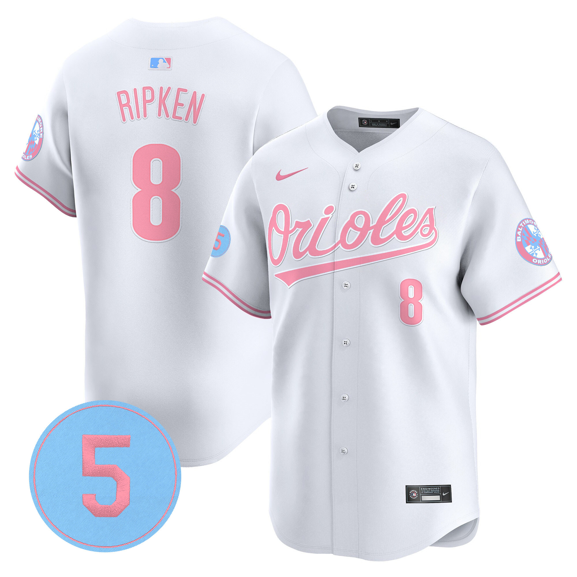 Cal RipkenUnisex Baltimore Orioles Bubblegum Pink Robinson Patch Vapor Premier Limited White Jersey - All Stitched
