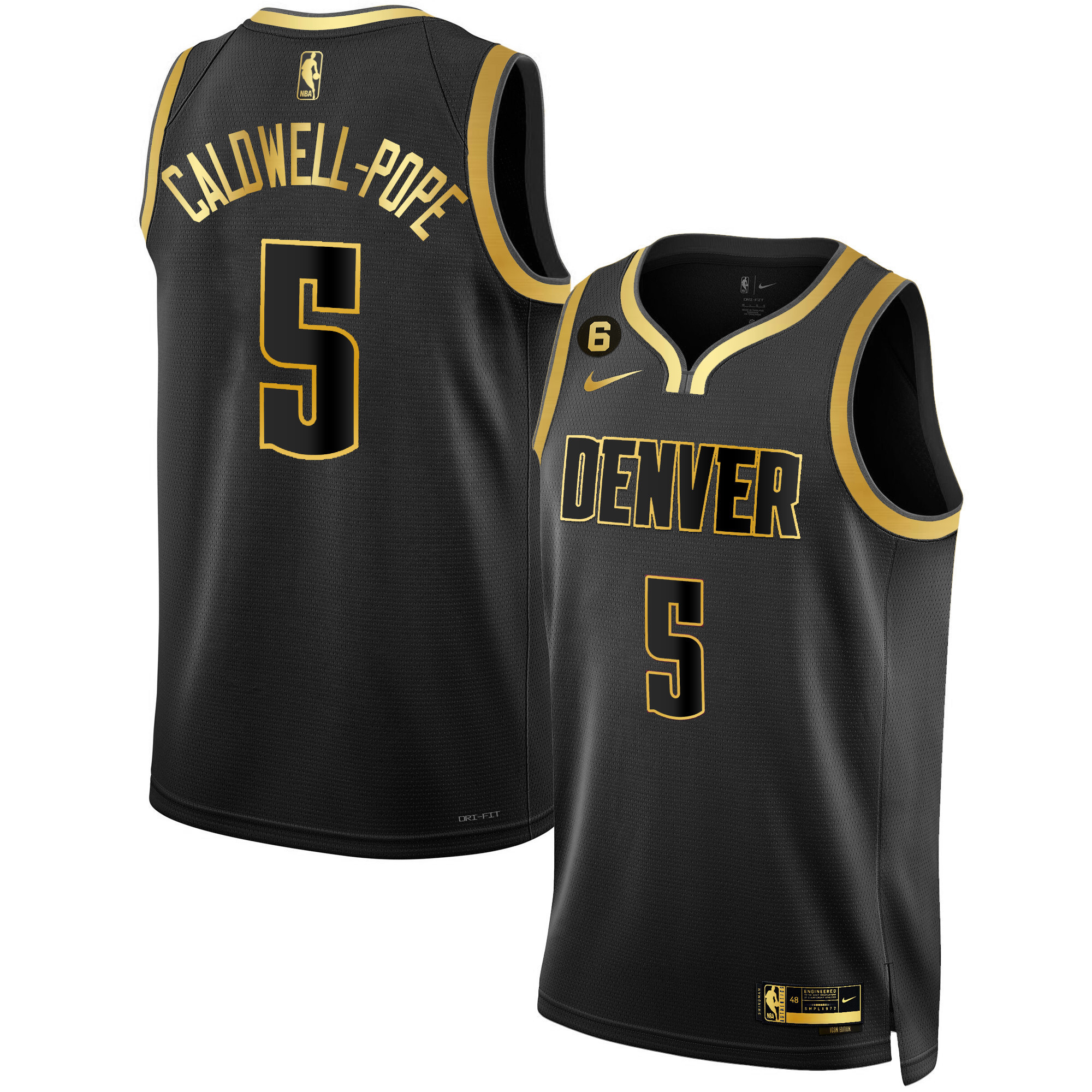 Caldwell-Pope Men's Denver Nuggets #6 Patch Collection Black Gold Jersey - All Stitched