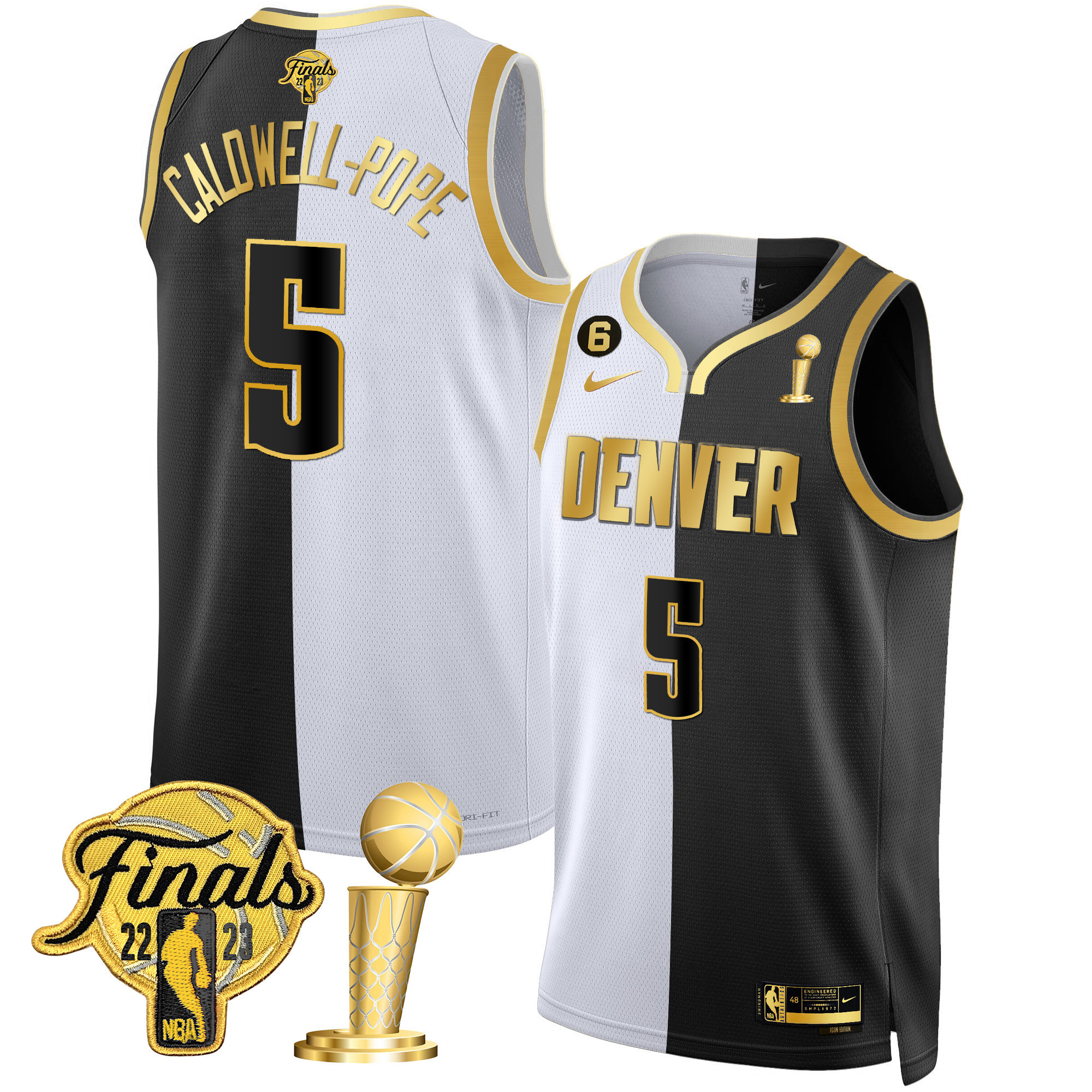 Caldwell-Pope Men's Denver Nuggets 2023 Finals & Champions Black & White Gold Split Jersey - All Stitched