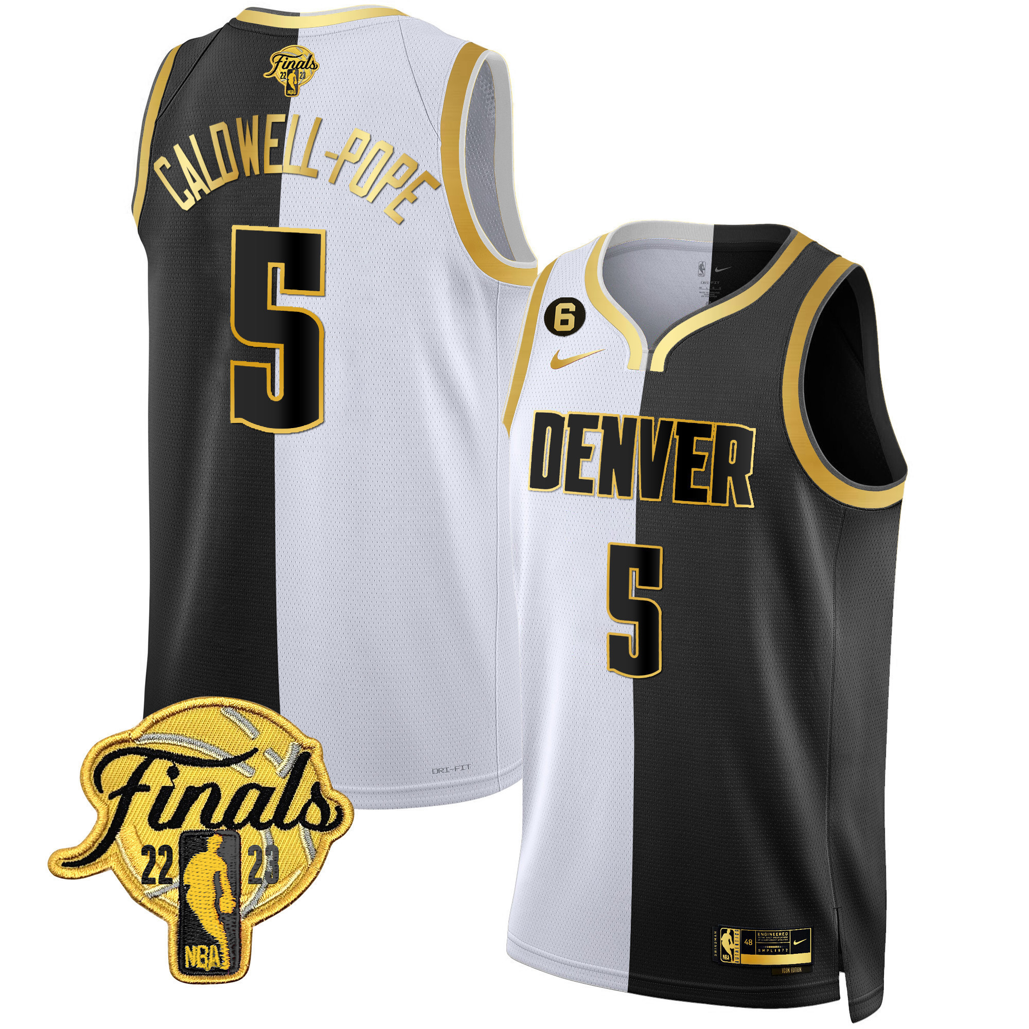 Caldwell-Pope Men's Denver Nuggets 2023 Finals Patch Black & White Gold Split Jersey - All Stitched