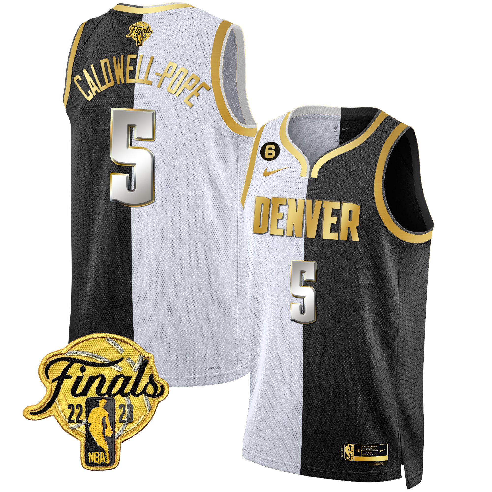 Caldwell-Pope Men's Denver Nuggets 2023 Finals Patch Black & White Gold Split Limited Jersey - All Stitched