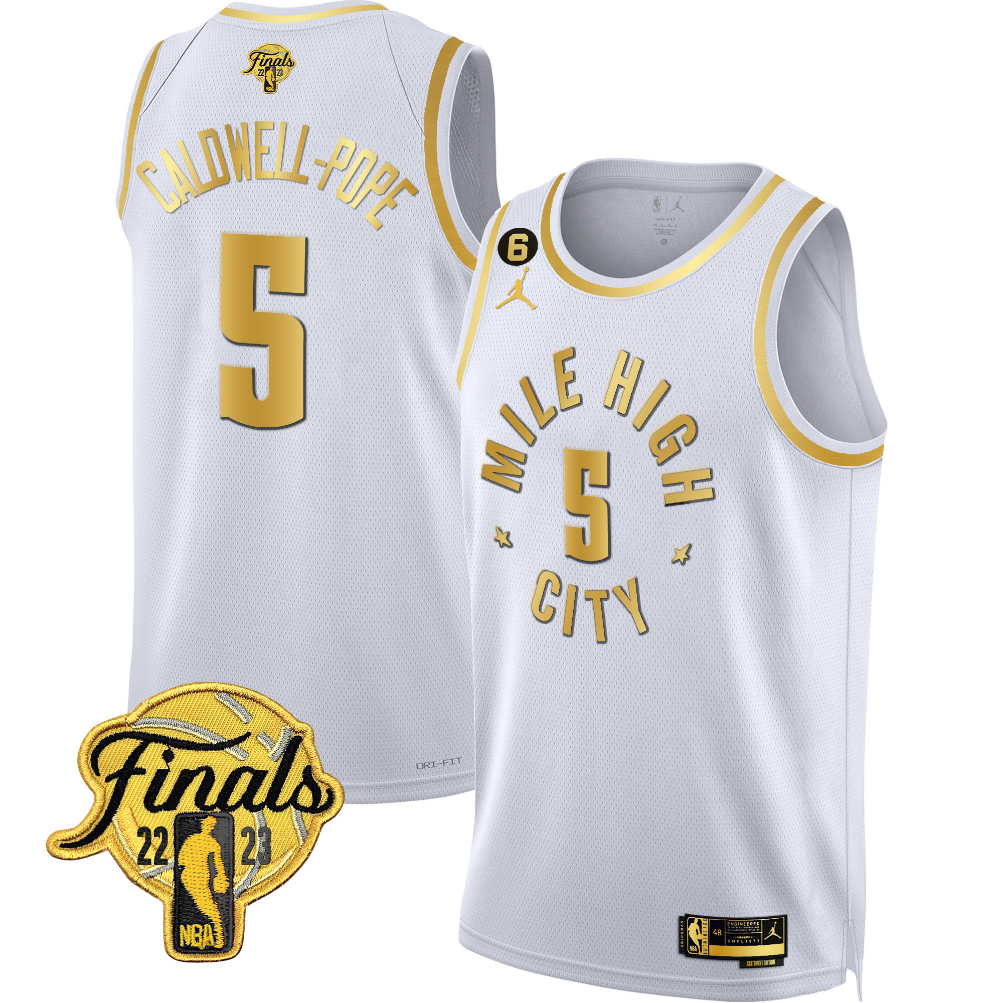 Caldwell-Pope Men's Denver Nuggets 2023 Finals Patch Black & White Gold Statement White Jersey - All Stitched