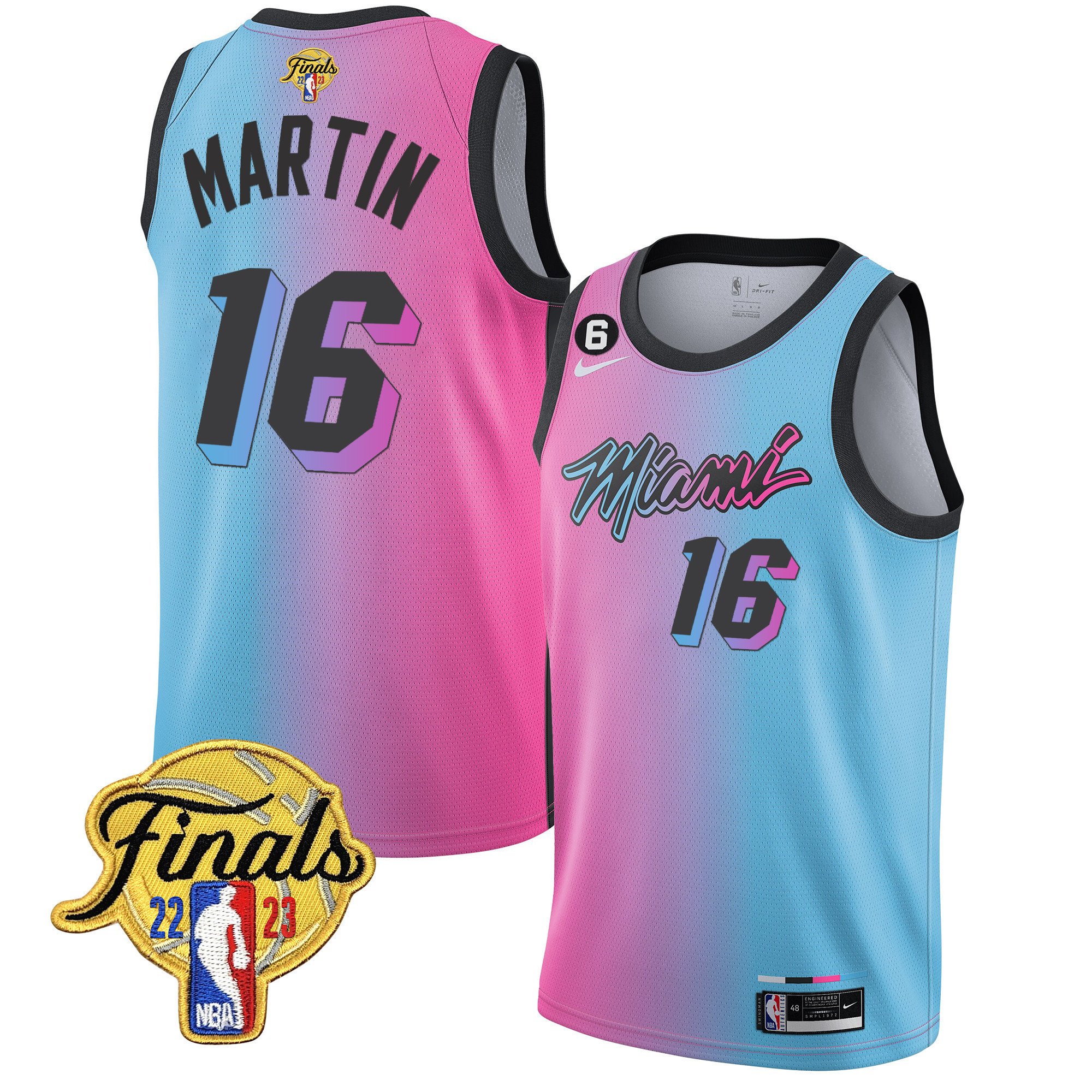 Caleb Martin Men's Miami Heat 2023 Finals Patch Collection V4 Pink Blue Jersey - All Stitched