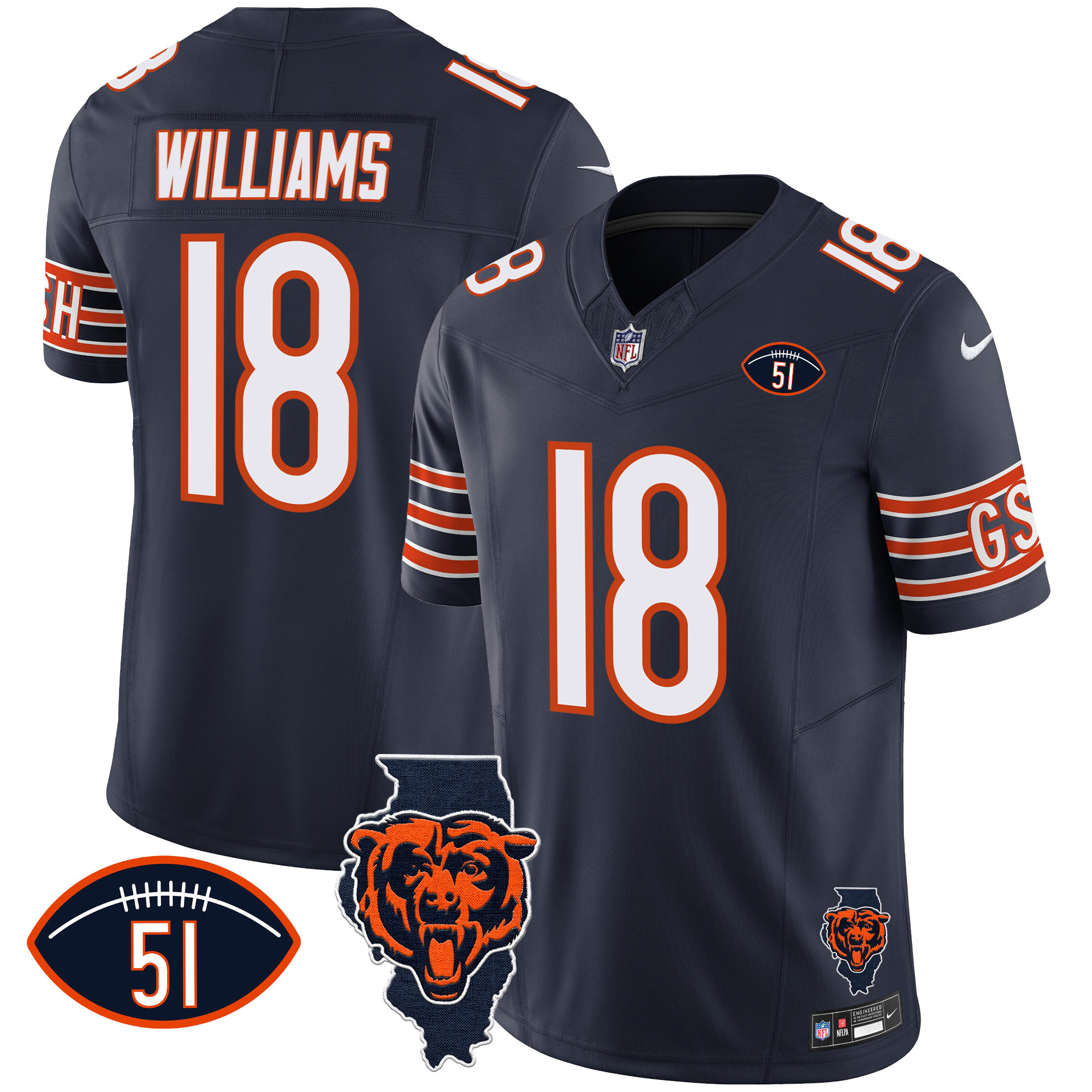 Caleb Williams Men's Chicago Bears Illinois Patch Vapor Navy Jersey - All Stitched 