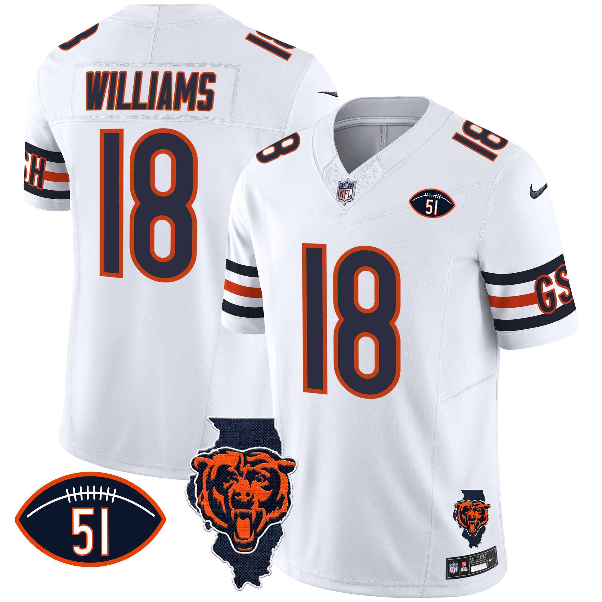 Caleb Williams Men's Chicago Bears Illinois Patch Vapor White Jersey - All Stitched 