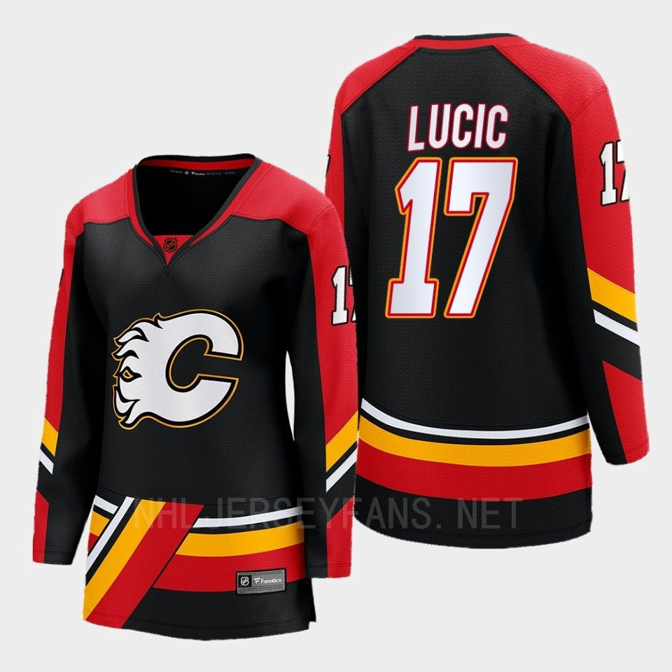 Calgary Flames 17 Milan Lucic Reverse Retro Black Equipment Stitched Jersey, Women