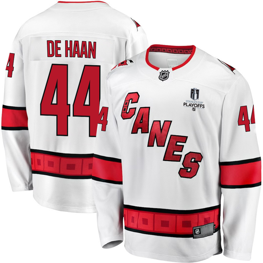 Calvin de Haan 44 Carolina Hurricanes Stanley Cup 2023 Playoffs Patch Away Breakaway Men Stitched Jersey – White