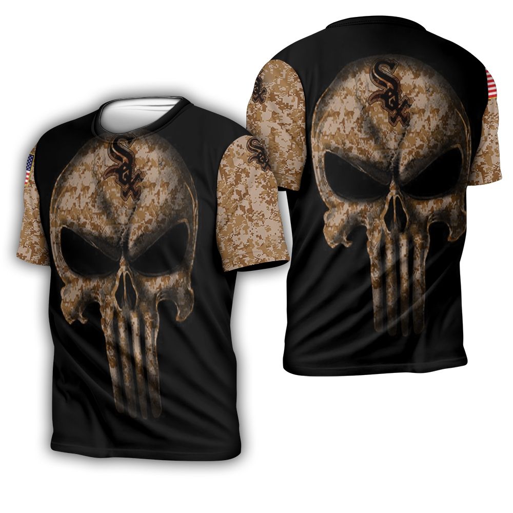 Camouflage Skull Chicago White Sox American Flag 3D T-Shirt