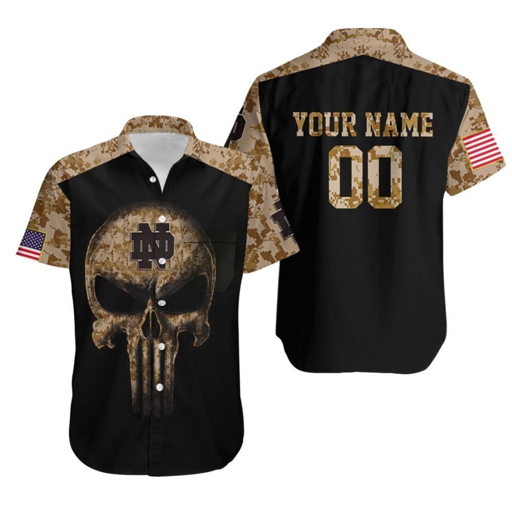 Camouflage Skull Notre Dame Fighting Irish American Flag 3D Personalized Hawaiian Shirt
