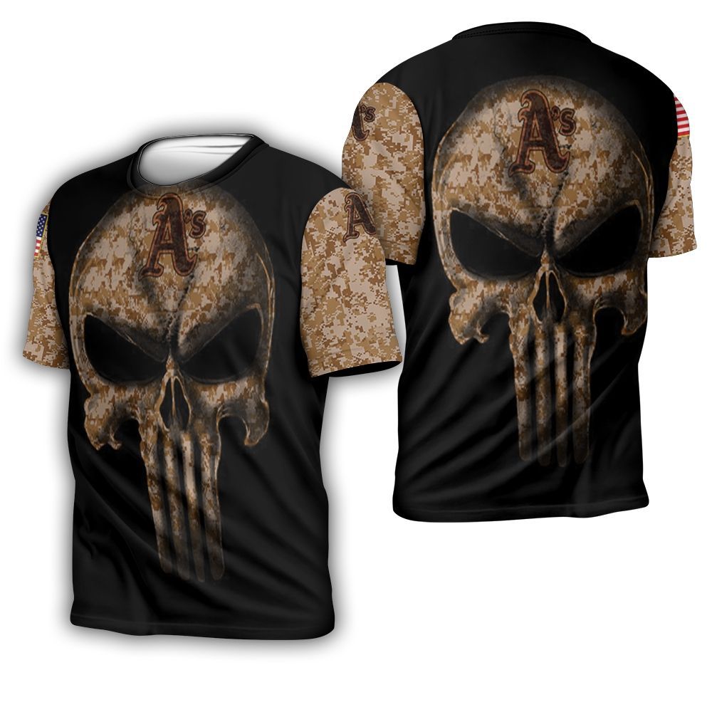 Camouflage Skull Oakland Athletics American Flag 3D T-Shirt