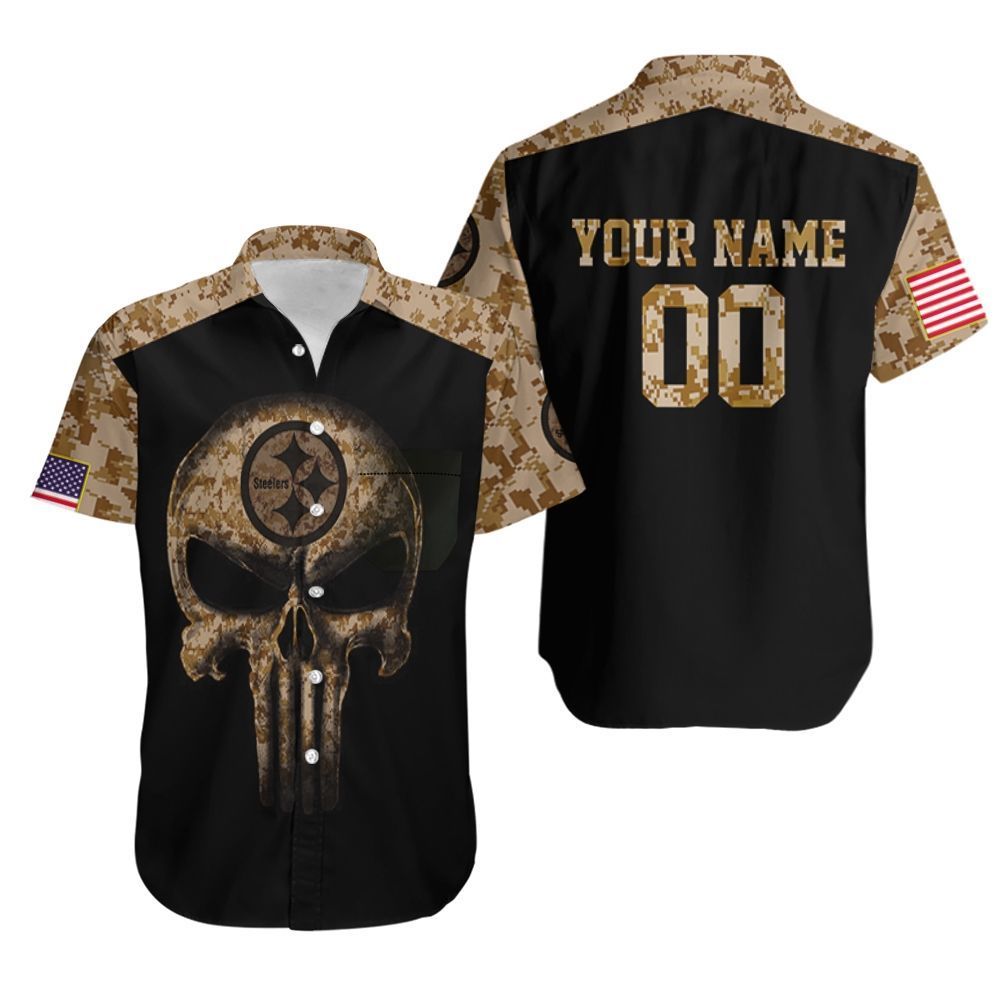 Camouflage Skull Pittsburgh Steelers American Flag 3D Personalized Hawaiian Shirt
