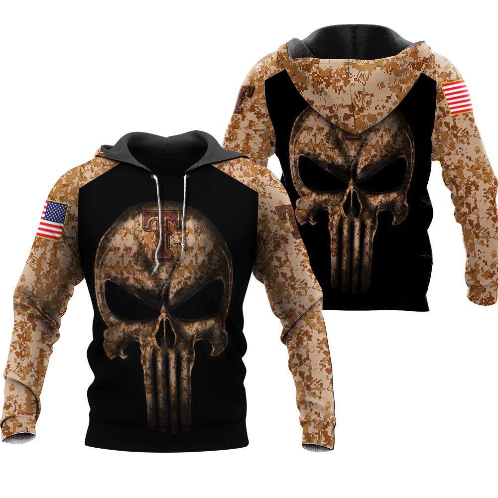 Camouflage Skull Texas Rangers American Flag 3D Hoodie
