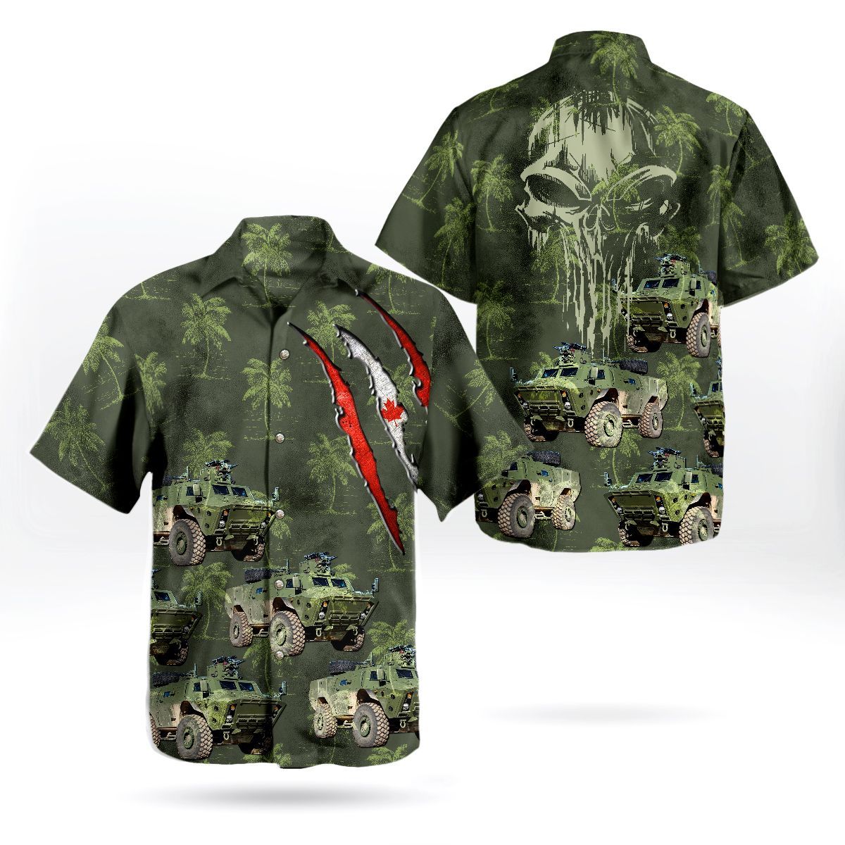 Canadian Army TAPV Tactical Armoured Patrol Vehicle Skull Green Hawaiian Shirt