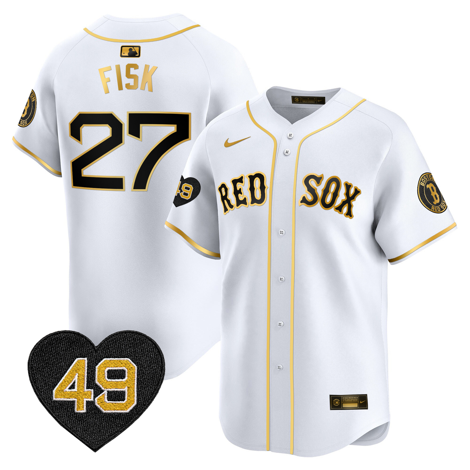 Carlton Fisk Men's Boston Red Sox Tim Wakefield Patch Vapor Premier Limited White Gold Jersey - All Stitched
