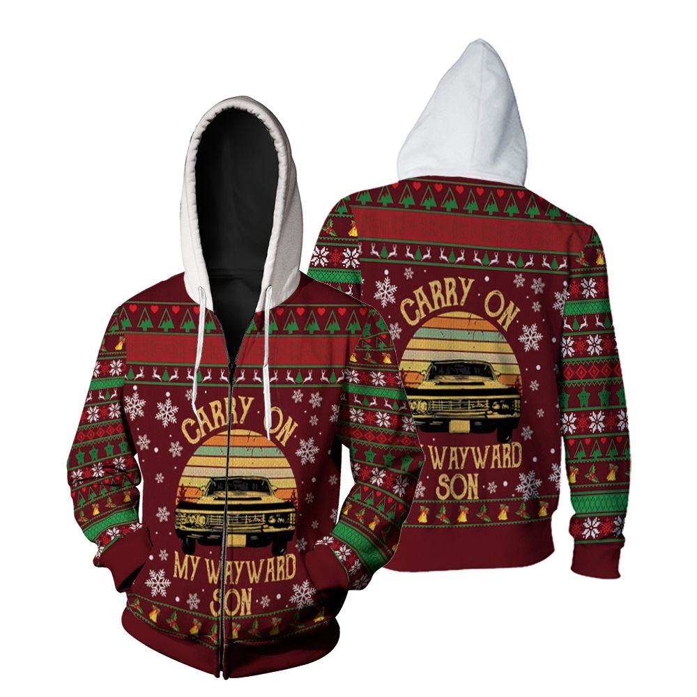 Carry On My Wayward Son Supernatural Retro Christmas Zip Hoodie