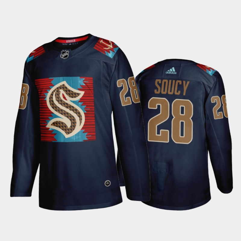 Carson Soucy Seattle Kraken Karuk Art-inspired Jersey Blue #28 Indigenous Peoples Night