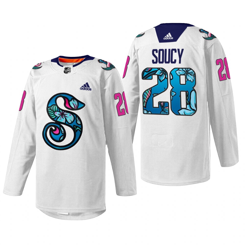 Carson Soucy Seattle Kraken Pride Night Jersey White #28 Warmup