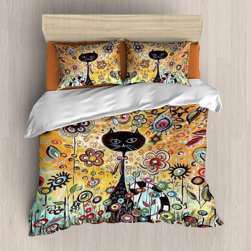 Cat And Colorful Flowers 3D Customized Duvet Cover Bedding Set