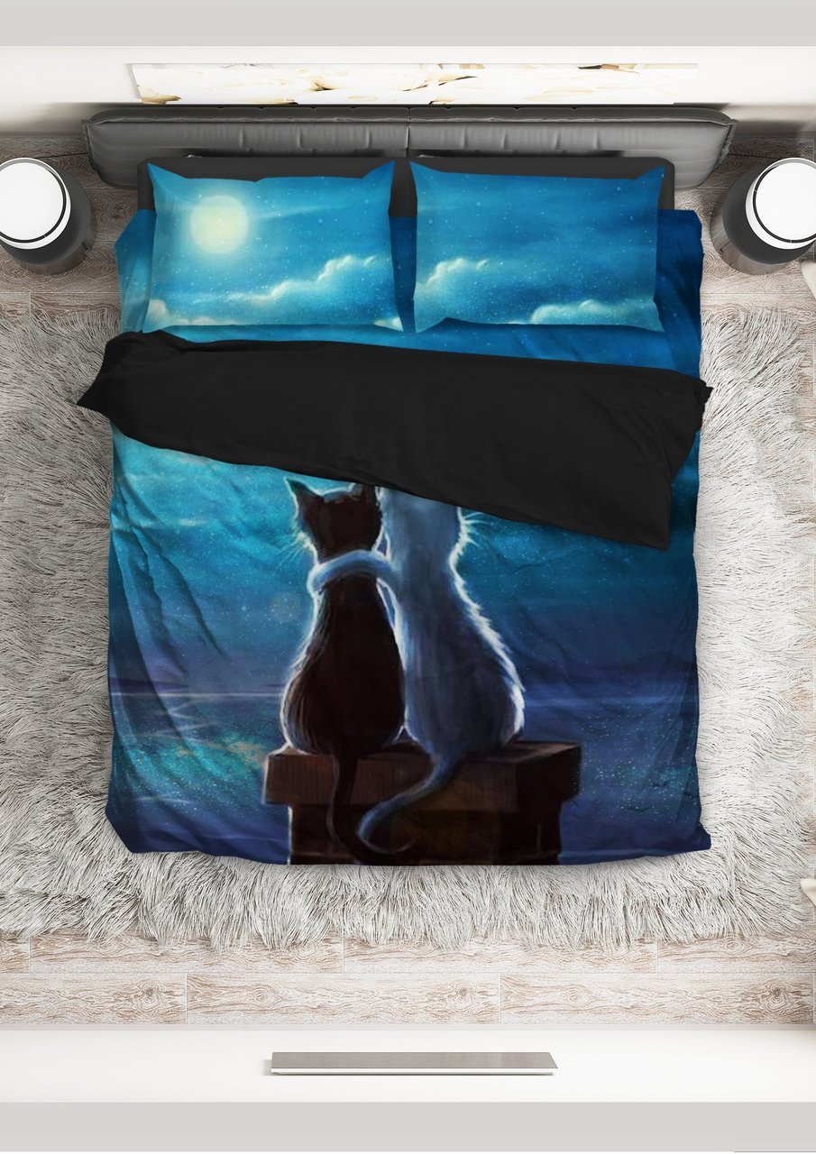 Cat Couple Under The Moonlight 3D Customized Duvet Cover Bedding Set