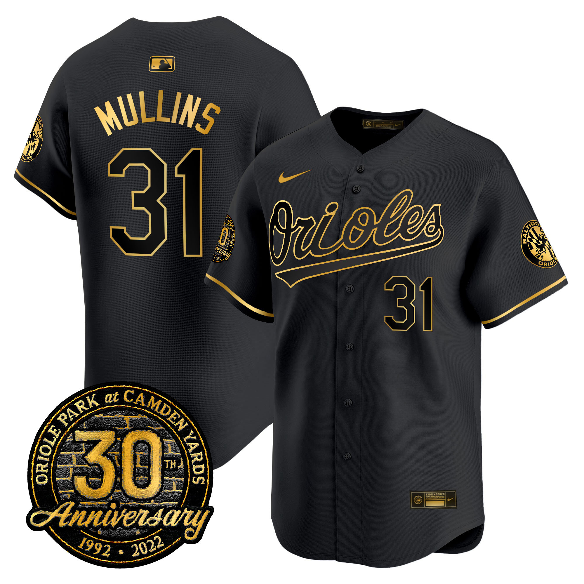 Cedric Mullins Men’s Baltimore Orioles Camden Yards 30th Anniversary Patch Vapor Premier Limited Black Gold Jersey - All Stitched