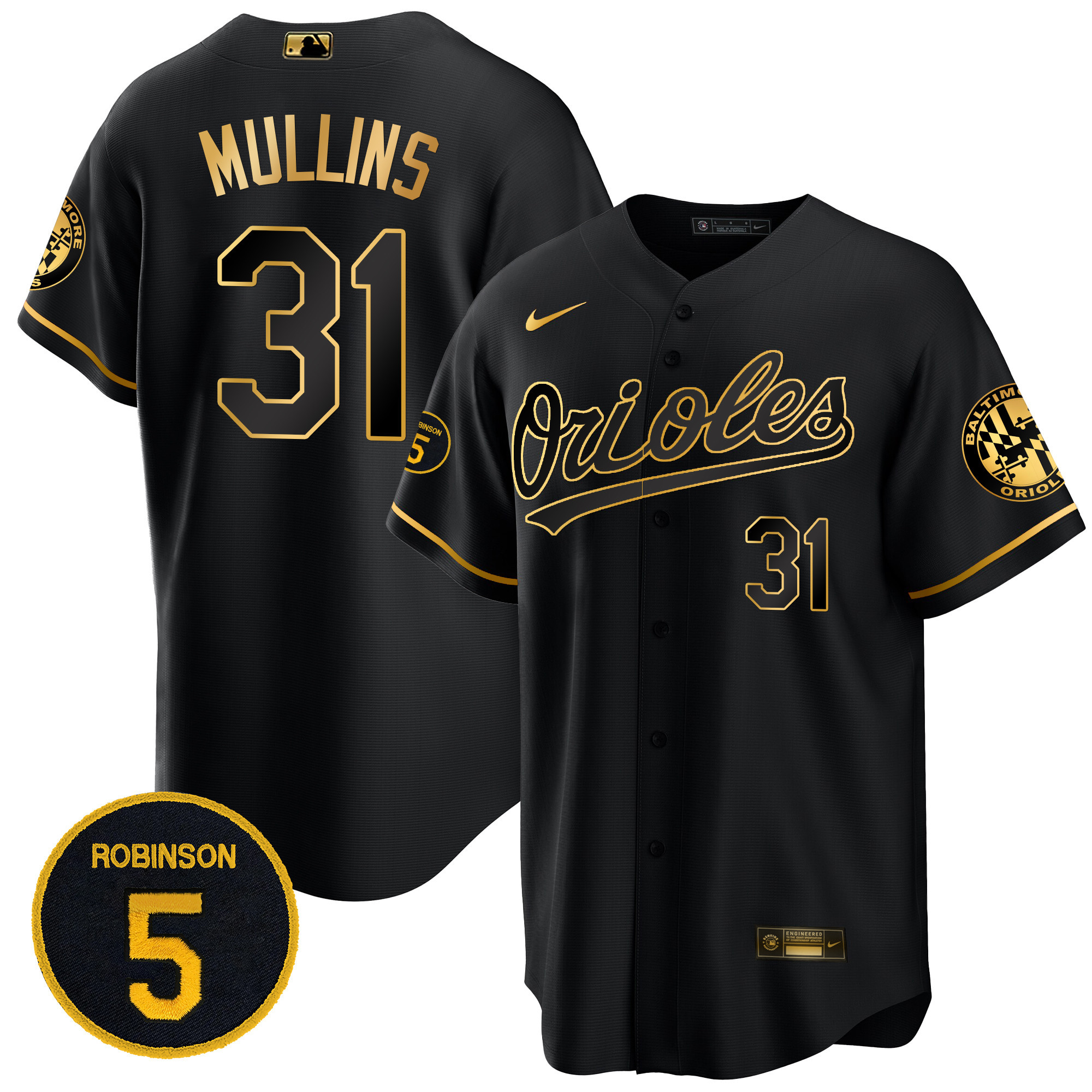 Cedric Mullins Men’s Baltimore Orioles Robinson Patch Cool Base Black Gold Jersey - All Stitched
