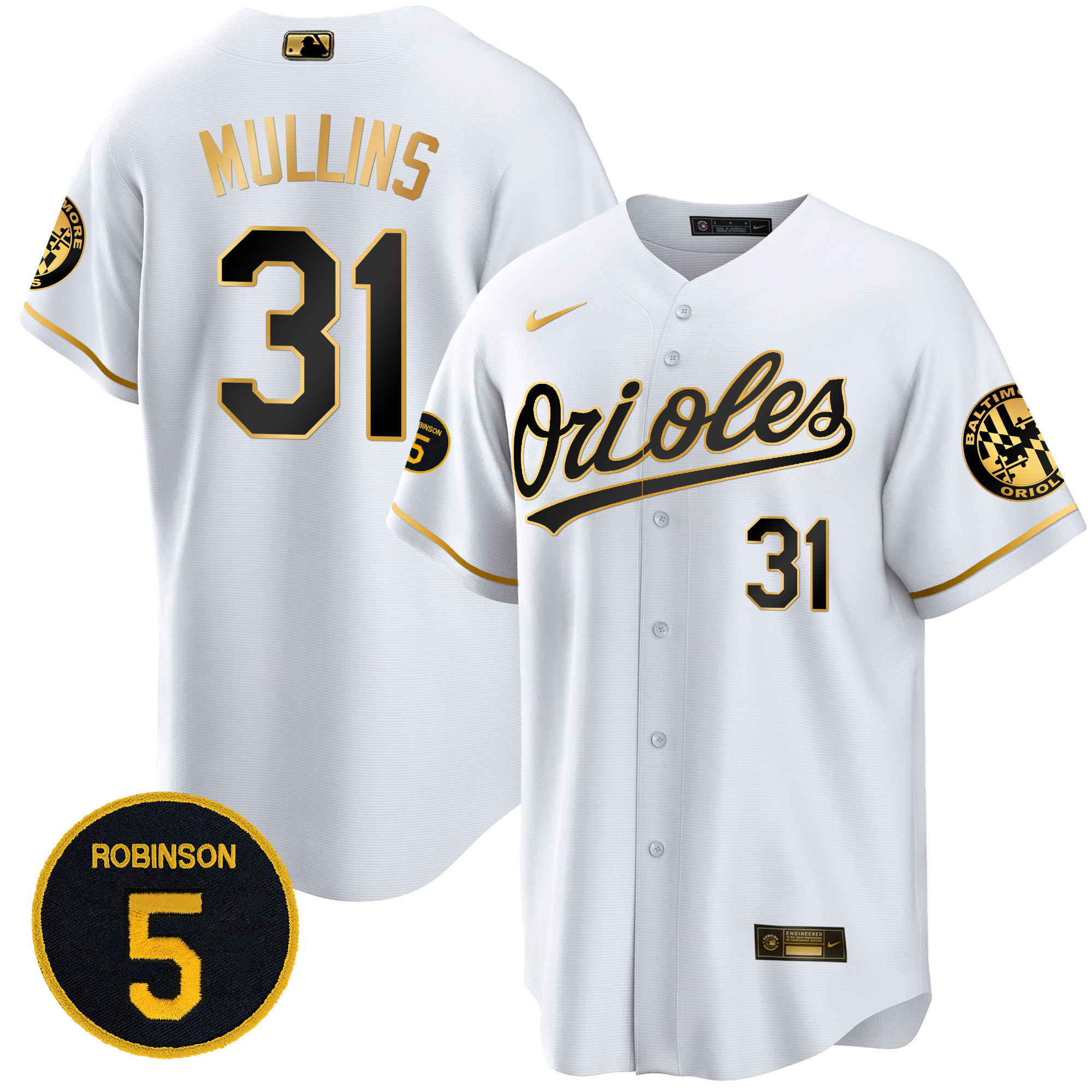 Cedric Mullins Men’s Baltimore Orioles Robinson Patch Cool Base White Gold Jersey - All Stitched