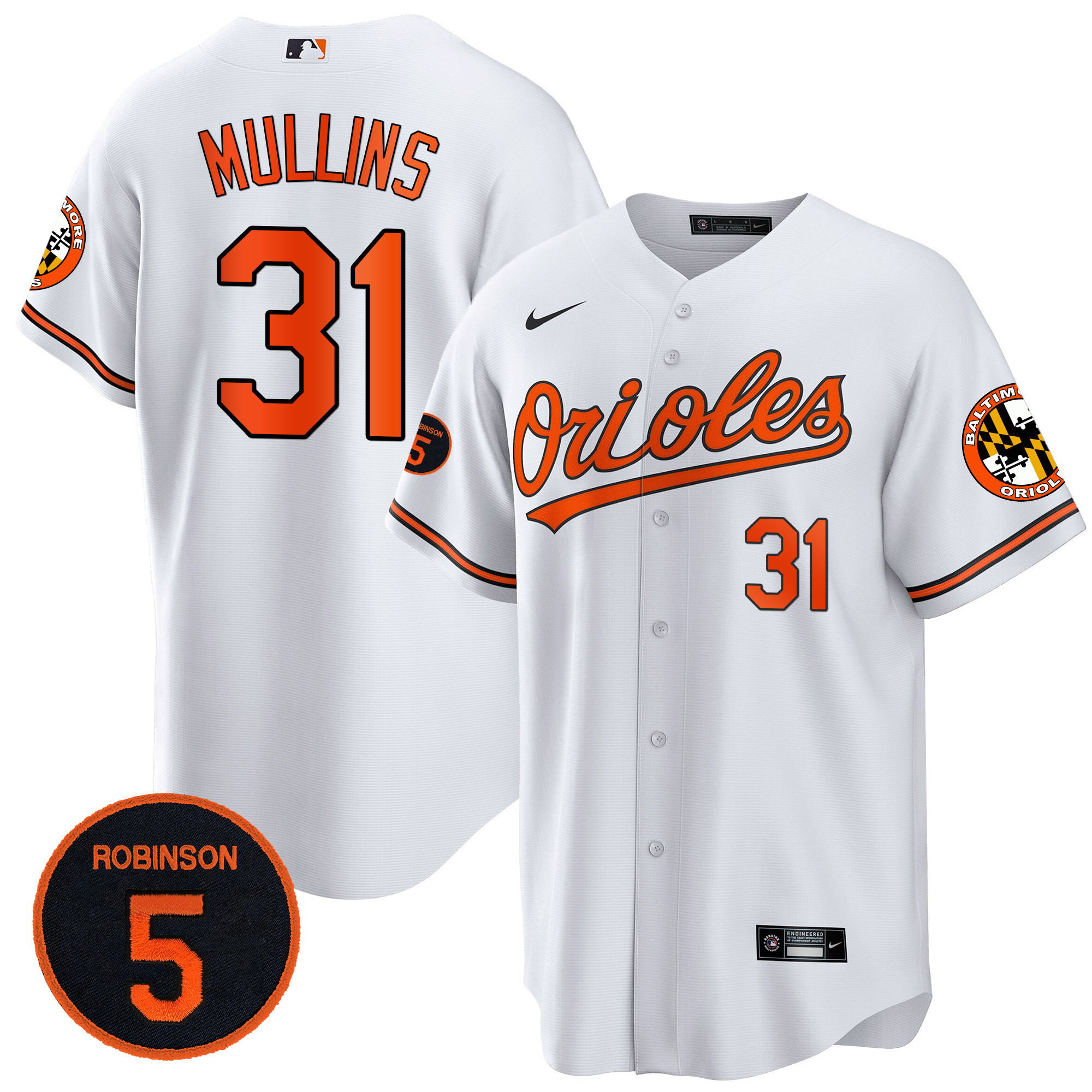 Cedric Mullins Men’s Baltimore Orioles Robinson Patch Cool Base White Jersey - All Stitched