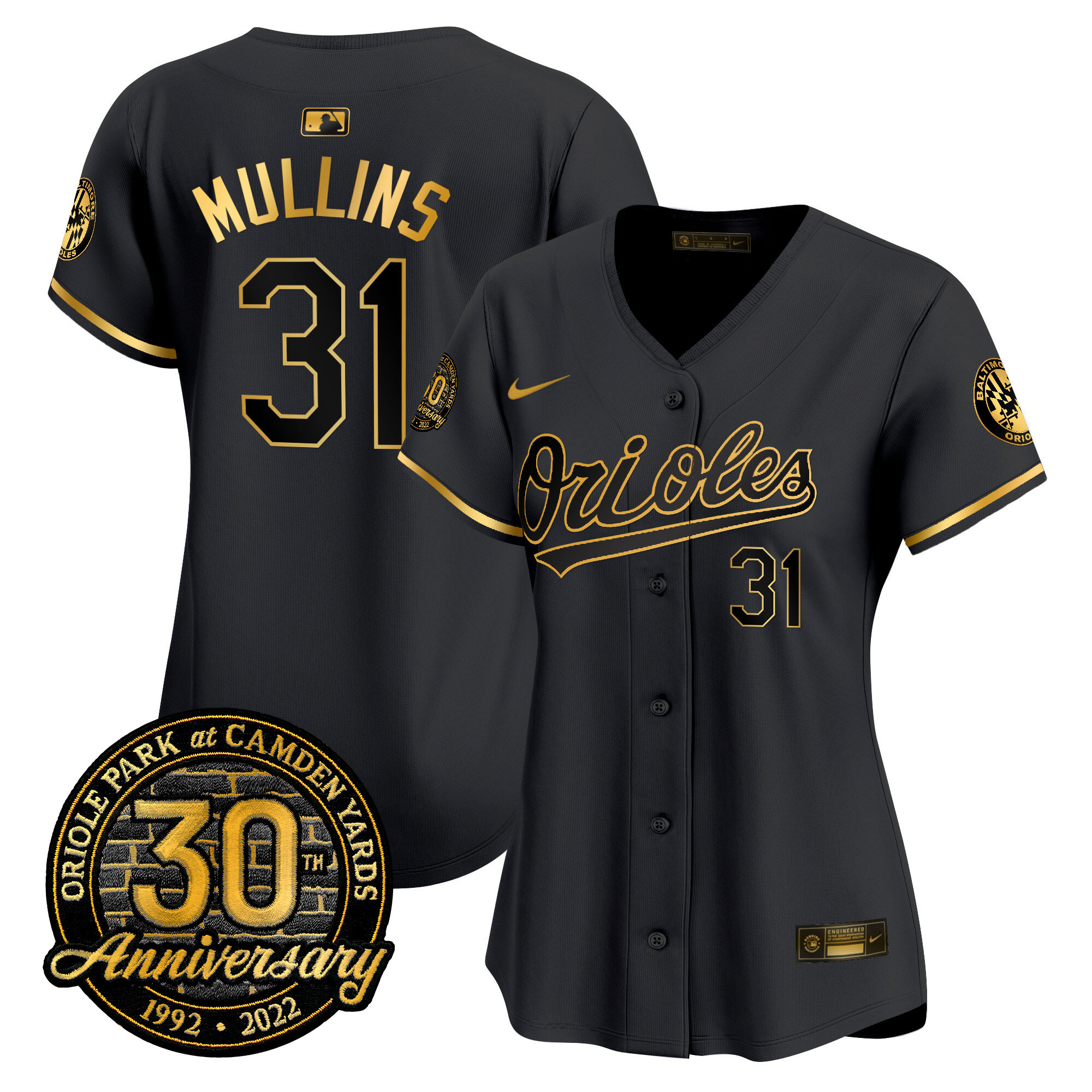 Cedric Mullins Women’s Baltimore Orioles Camden Yards 30th Anniversary Patch Vapor Premier Limited Black Gold Jersey - All Stitched