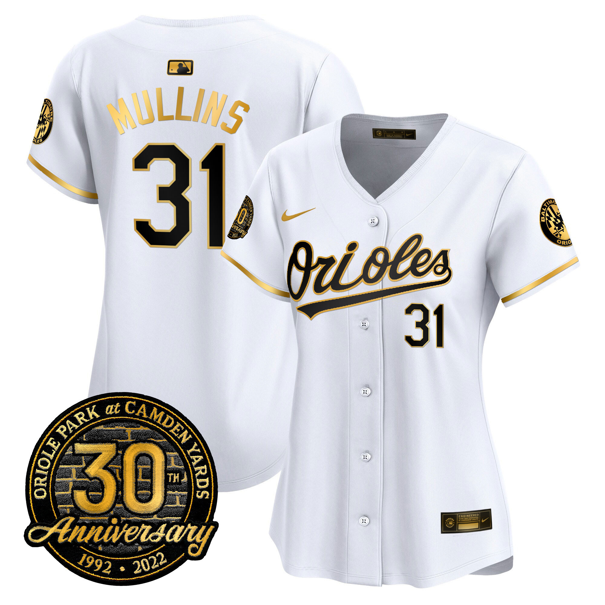 Cedric Mullins Women’s Baltimore Orioles Camden Yards 30th Anniversary Patch Vapor Premier Limited White Gold Jersey - All Stitched