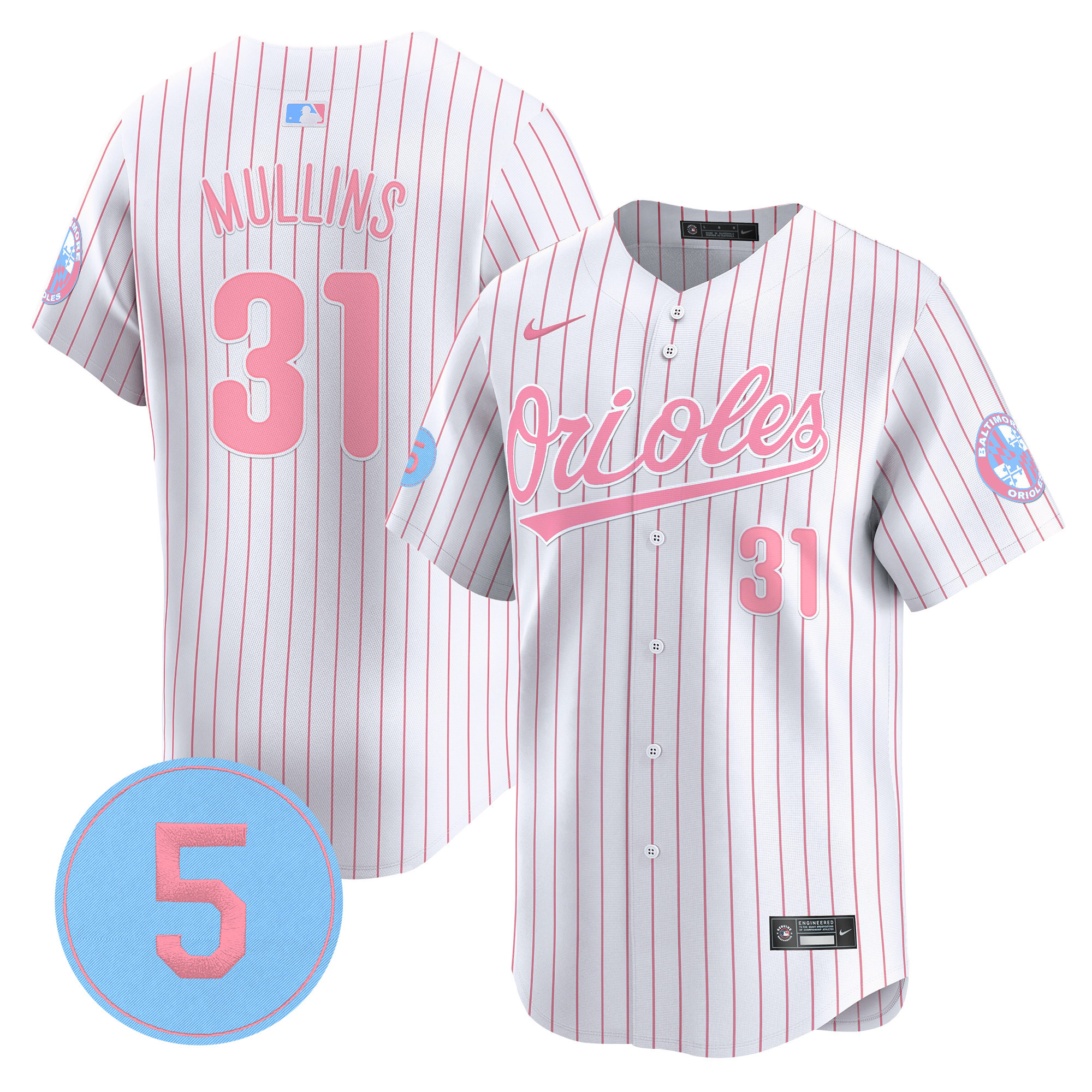 Cedric MullinsUnisex Baltimore Orioles Bubblegum Pink Robinson Patch Vapor Premier Limited Pinstripe Jersey - All Stitched