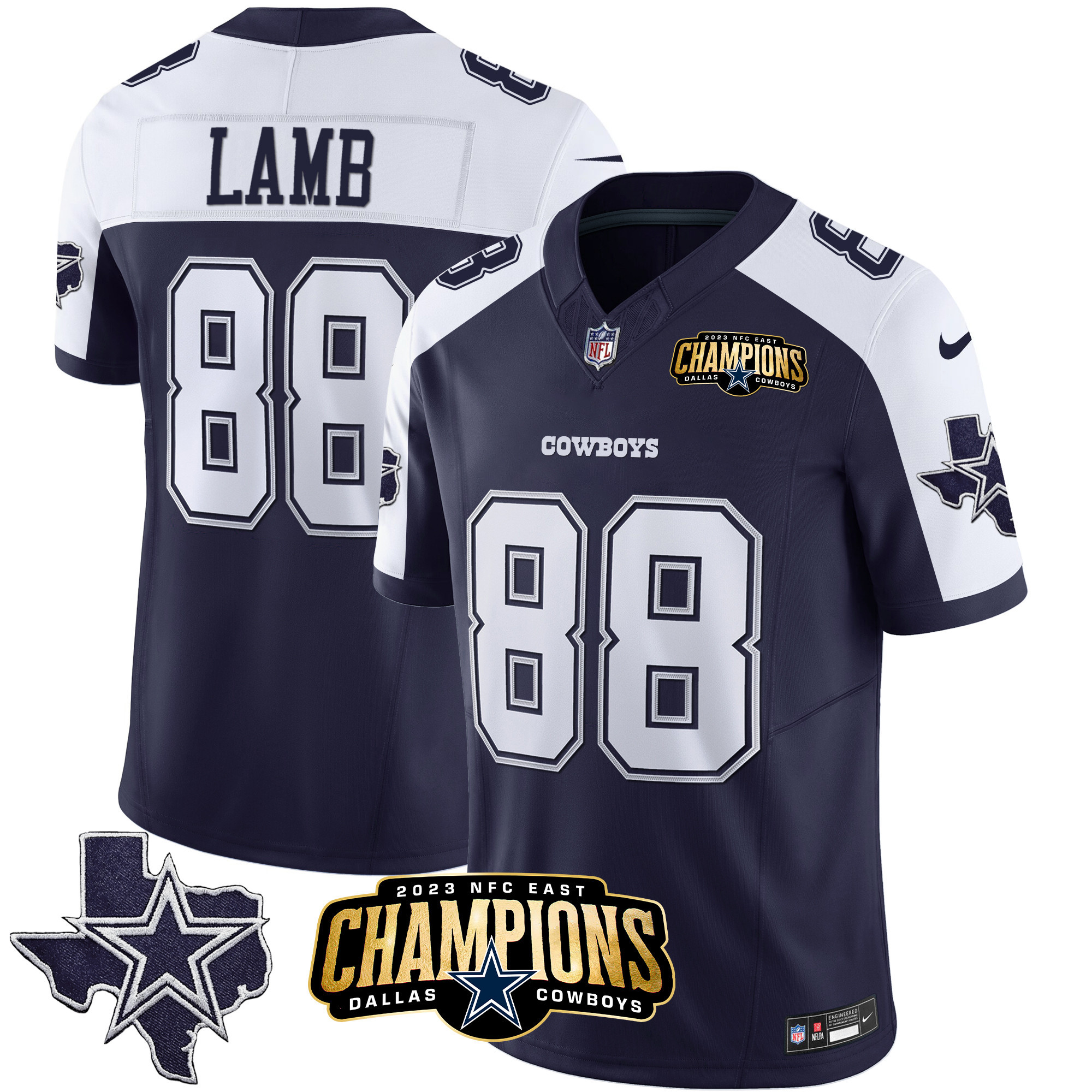 CeeDee Lamb Men's Dallas Cowboys 2023 NFC East Champions Patch Vapor Alternate Navy Jersey - All Stitched 