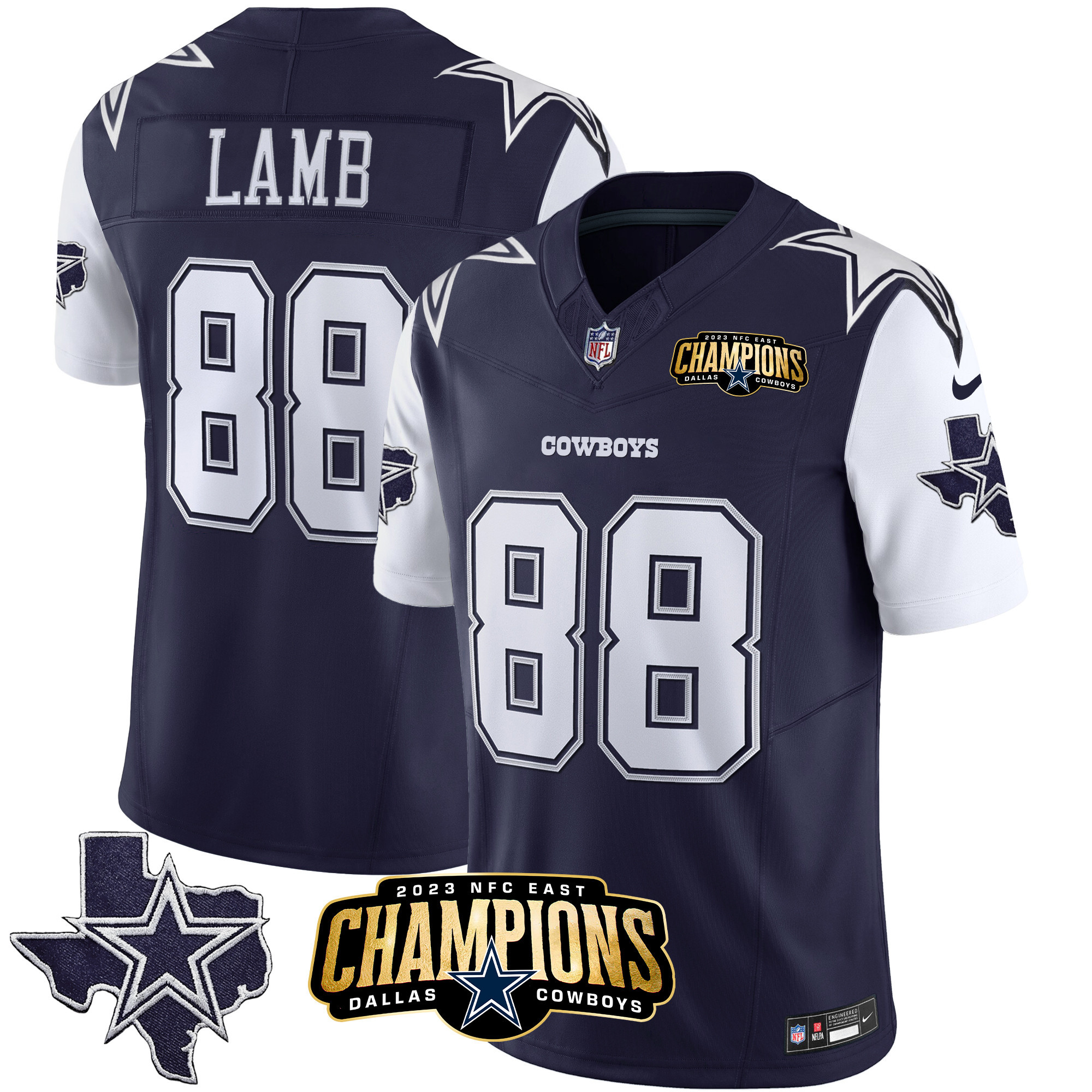 CeeDee Lamb Men's Dallas Cowboys 2023 NFC East Champions Patch Vapor Navy Jersey - All Stitched 