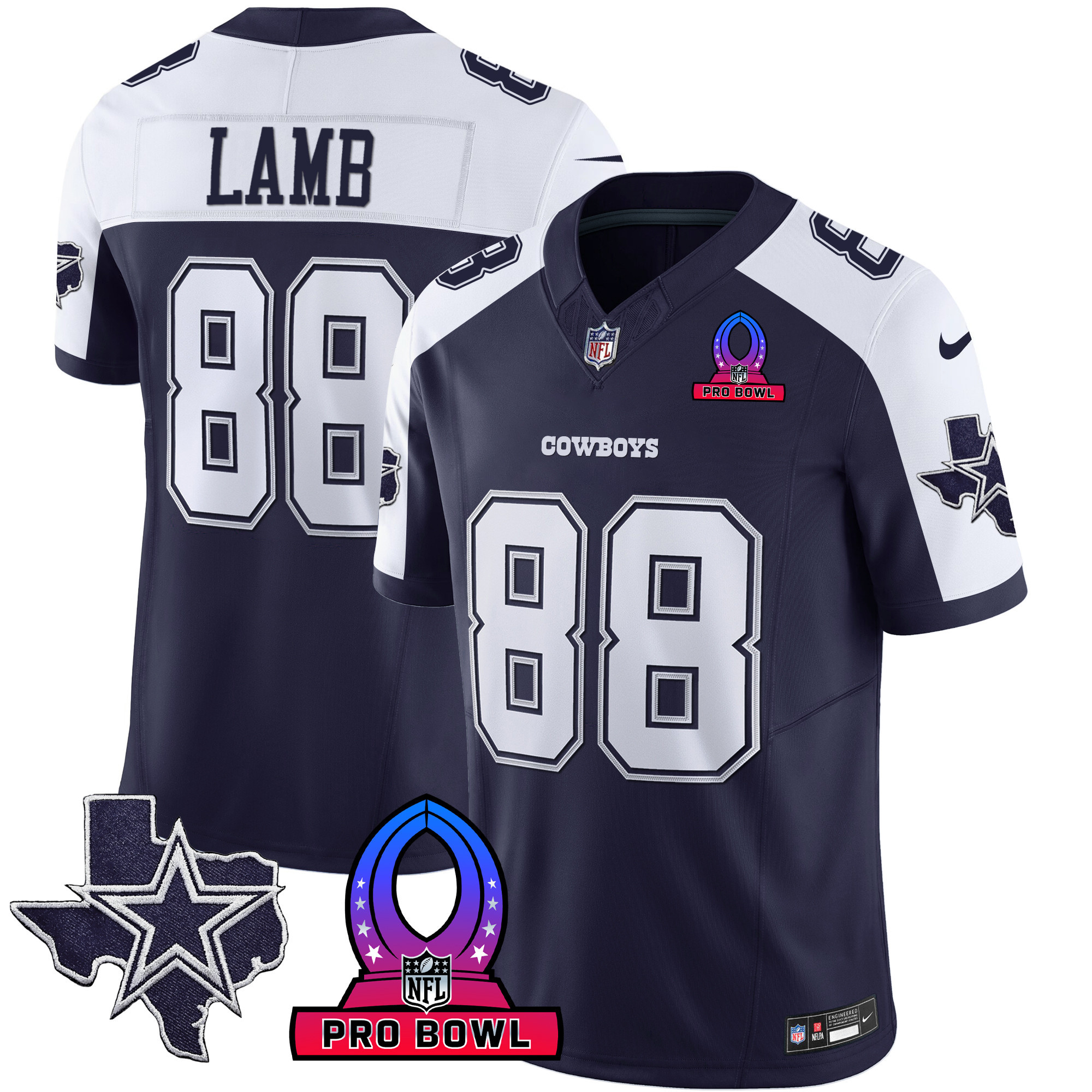 CeeDee Lamb Men's Dallas Cowboys 2024 Pro Bowl Patch Vapor Alternate Navy Jersey - All Stitched 