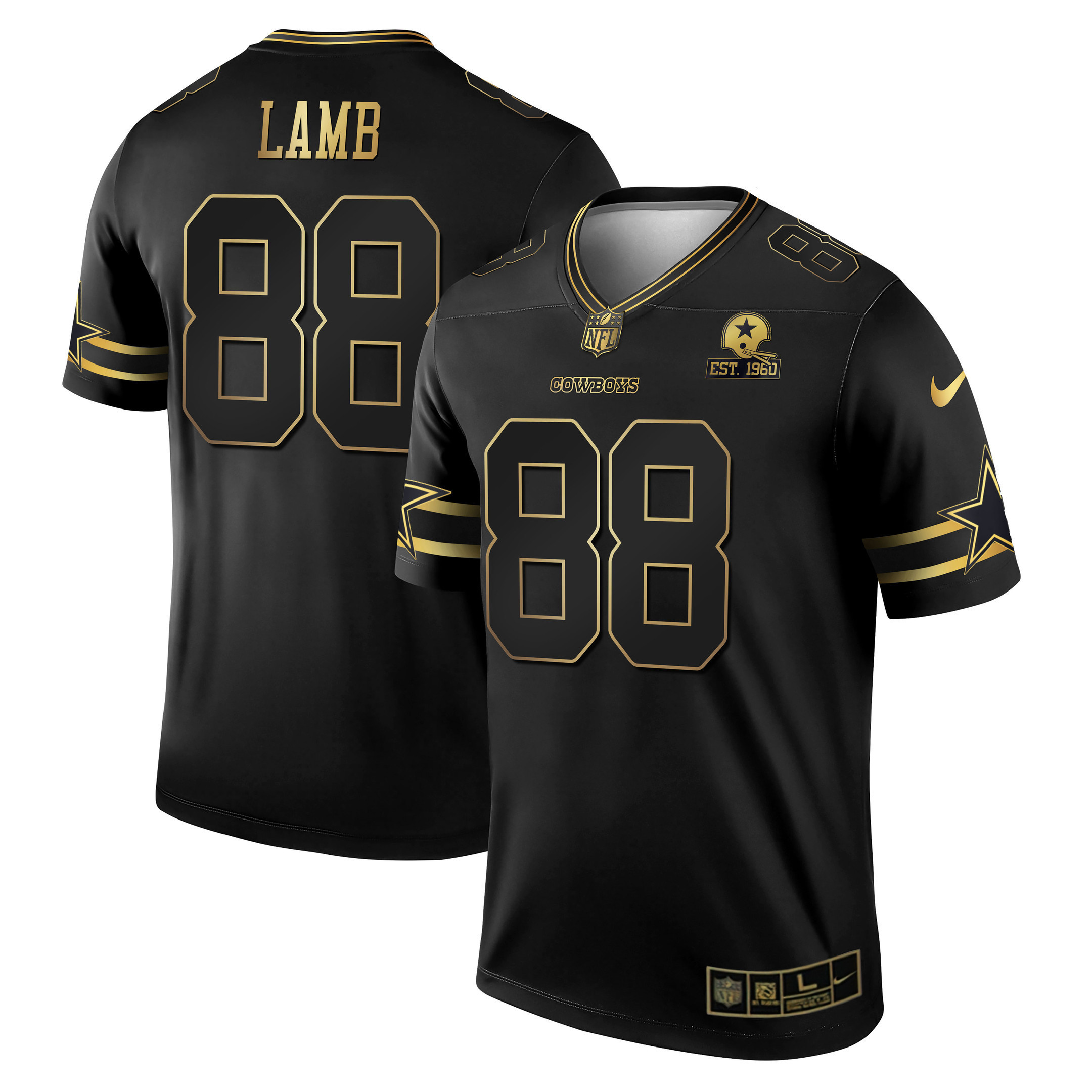 CeeDee Lamb Men's Dallas Cowboys Black & White Gold Game Team Est 1960 Patch Black Gold Jersey - All Stitched 