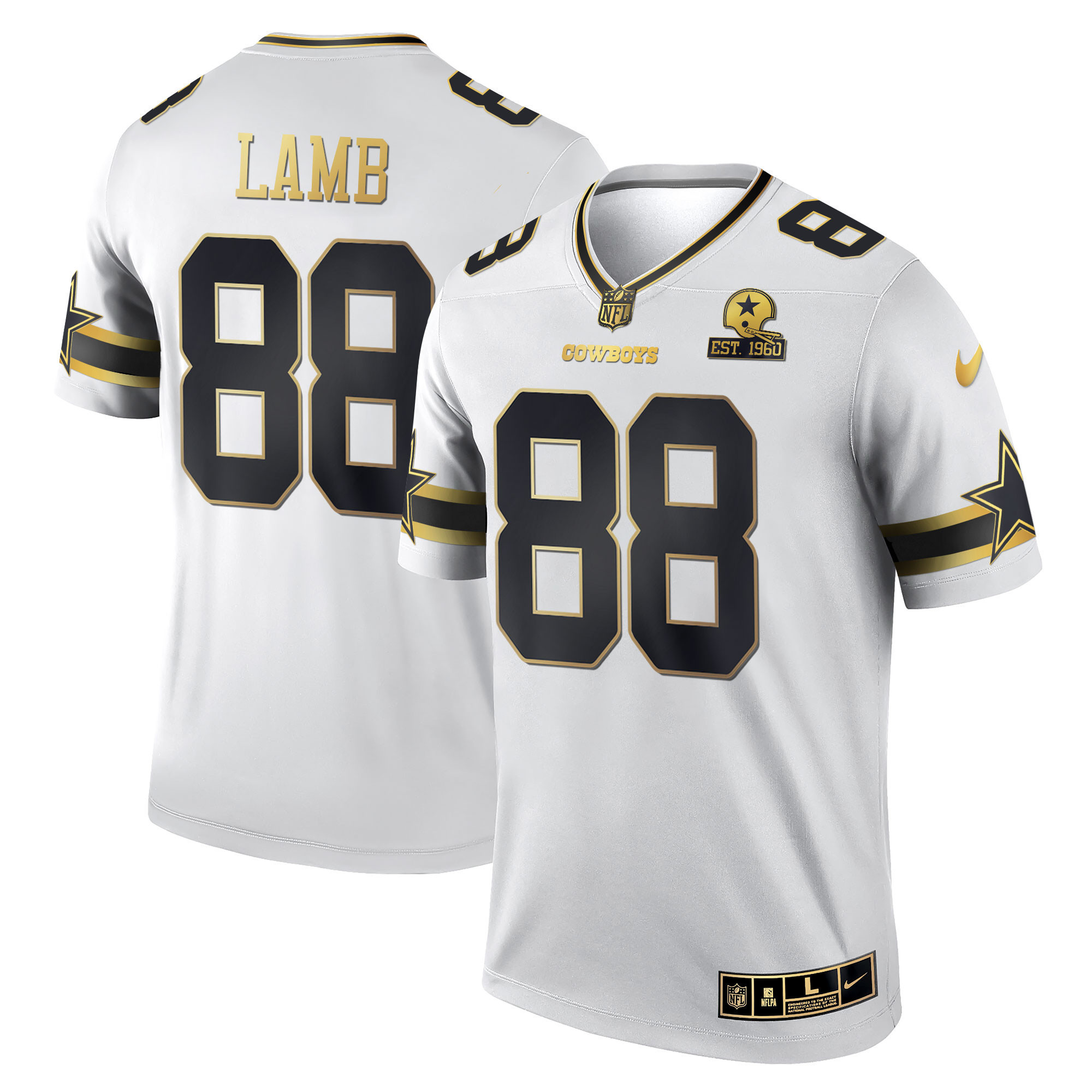 CeeDee Lamb Men's Dallas Cowboys Black & White Gold Game Team Est 1960 Patch White Gold Jersey - All Stitched 