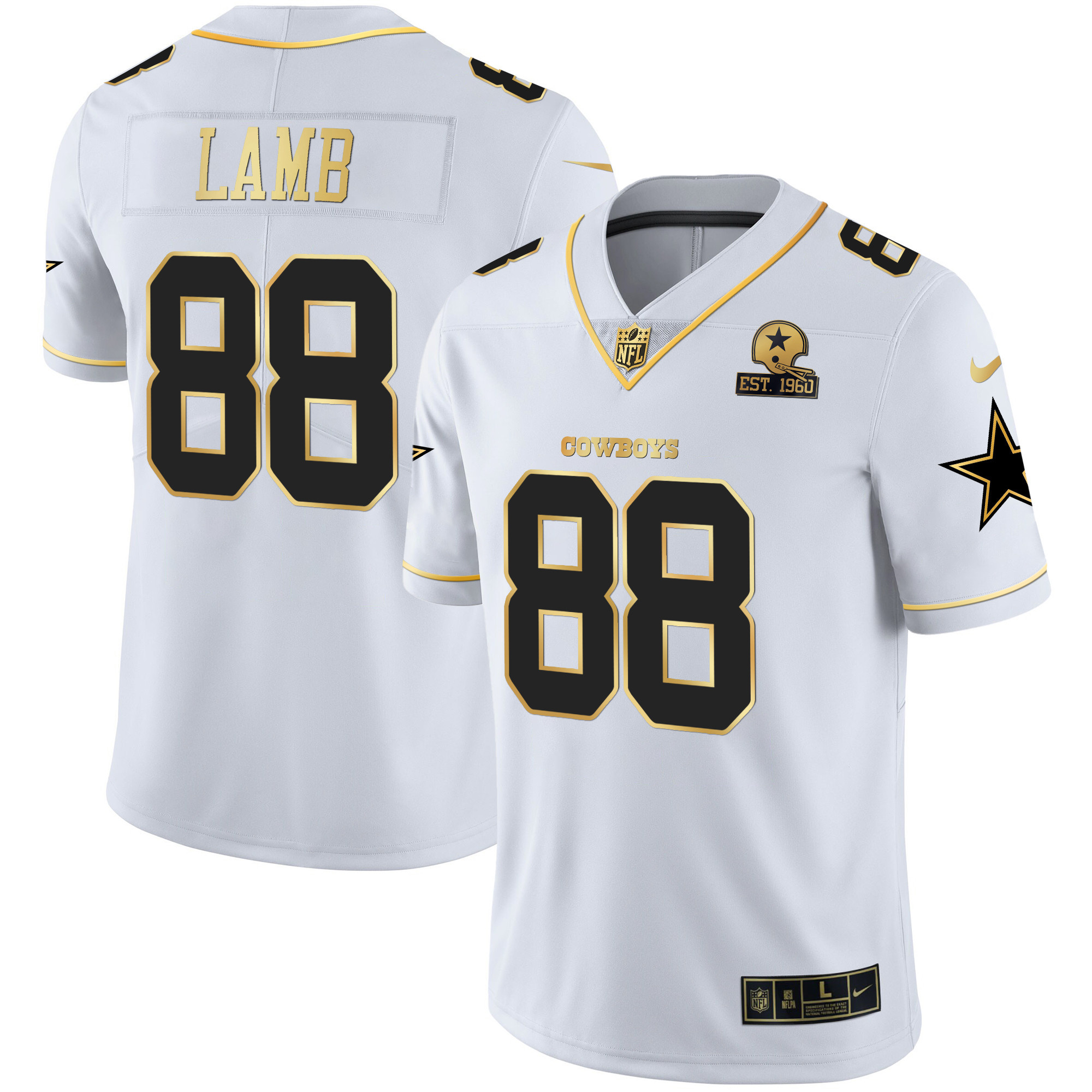 CeeDee Lamb Men's Dallas Cowboys Gold & Split Vapor Est 1960 Patch White Gold Jersey - All Stitched 
