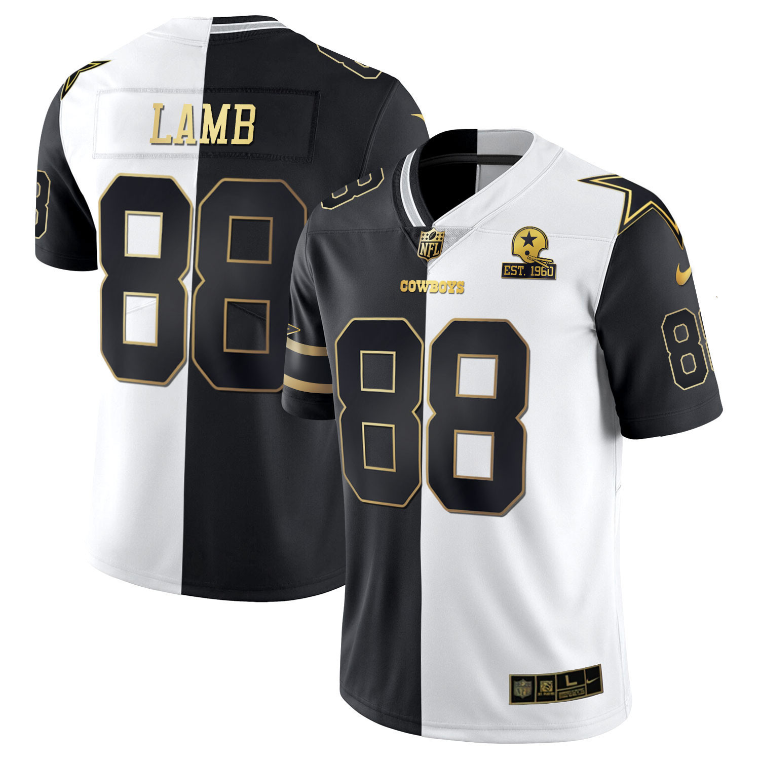 CeeDee Lamb Men's Dallas Cowboys Split Est 1960 Patch Black White Gold Jersey - All Stitched 