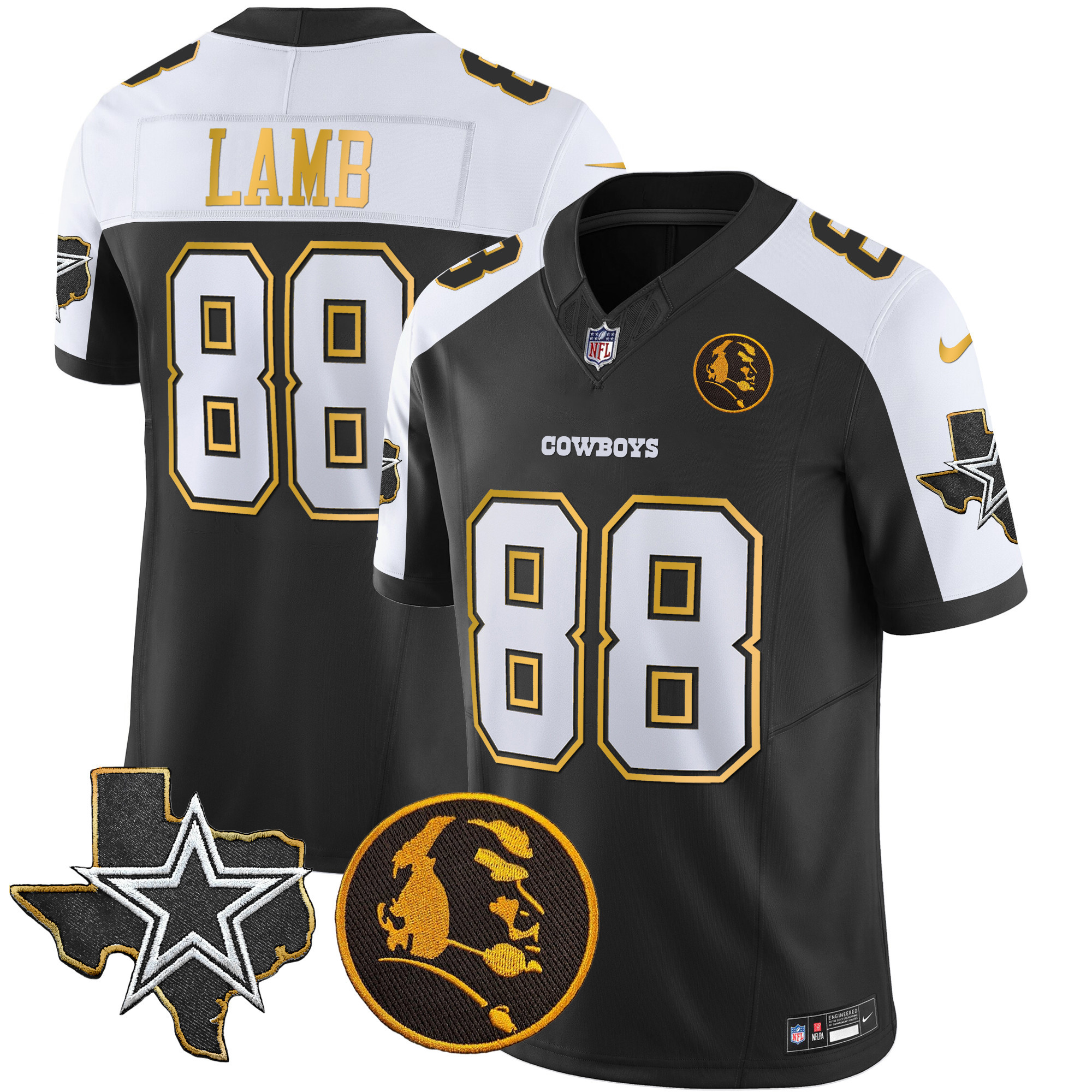 CeeDee Lamb Men's Dallas Cowboys Texas & John Madden Patch Gold Trim Vapor Black Alternate Jersey - All Stitched 