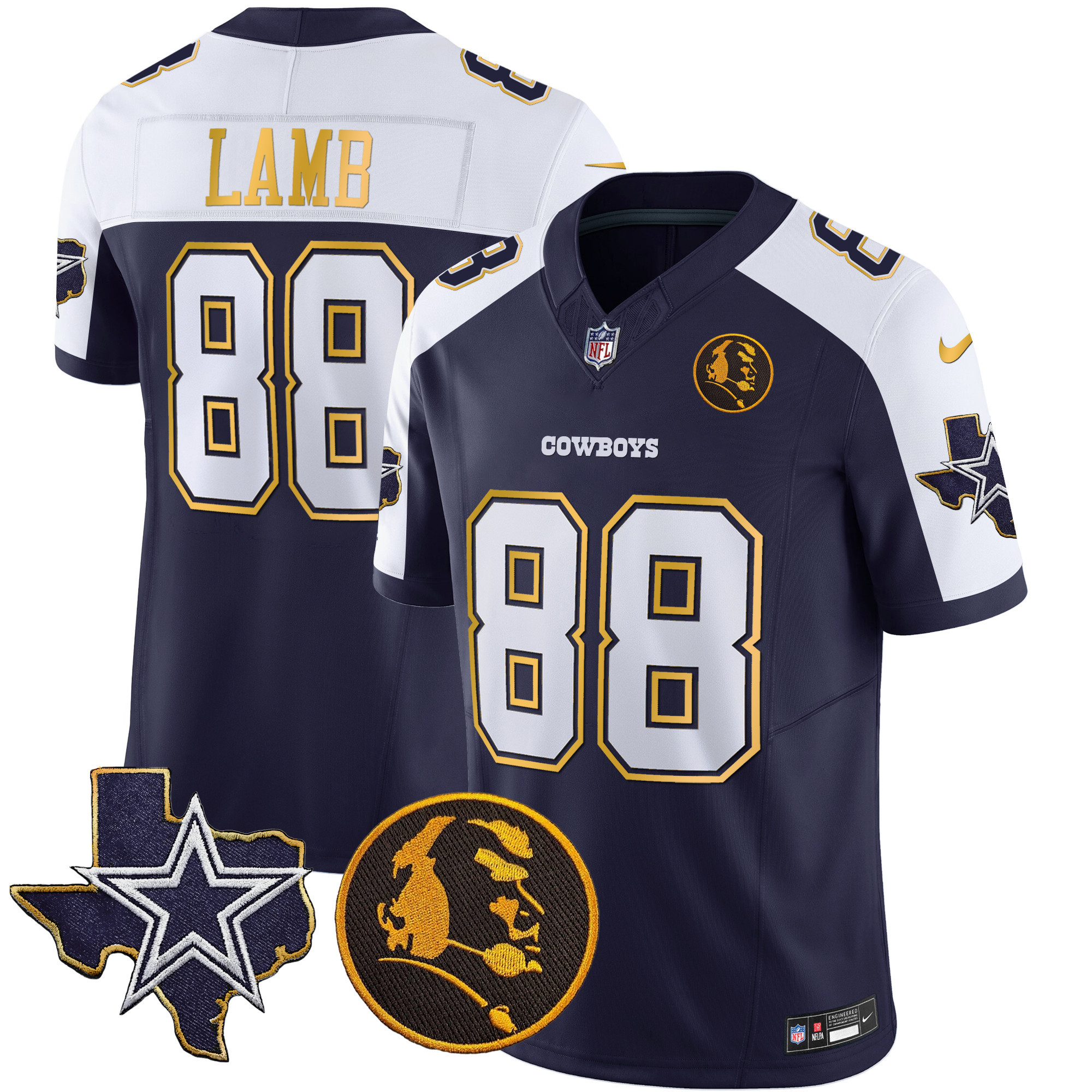 CeeDee Lamb Men's Dallas Cowboys Texas & John Madden Patch Gold Trim Vapor Navy Alternate Jersey - All Stitched 