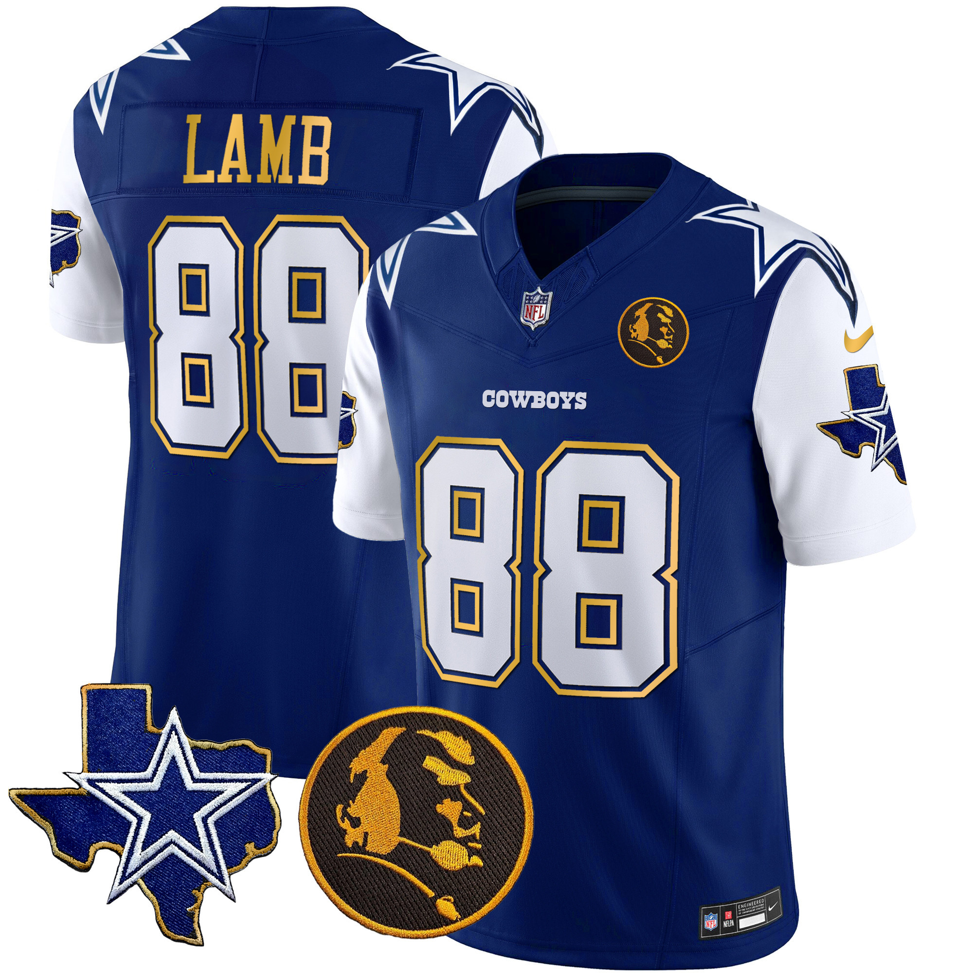 CeeDee Lamb Men's Dallas Cowboys Texas & John Madden Patch Gold Trim Vapor Royal Jersey - All Stitched 