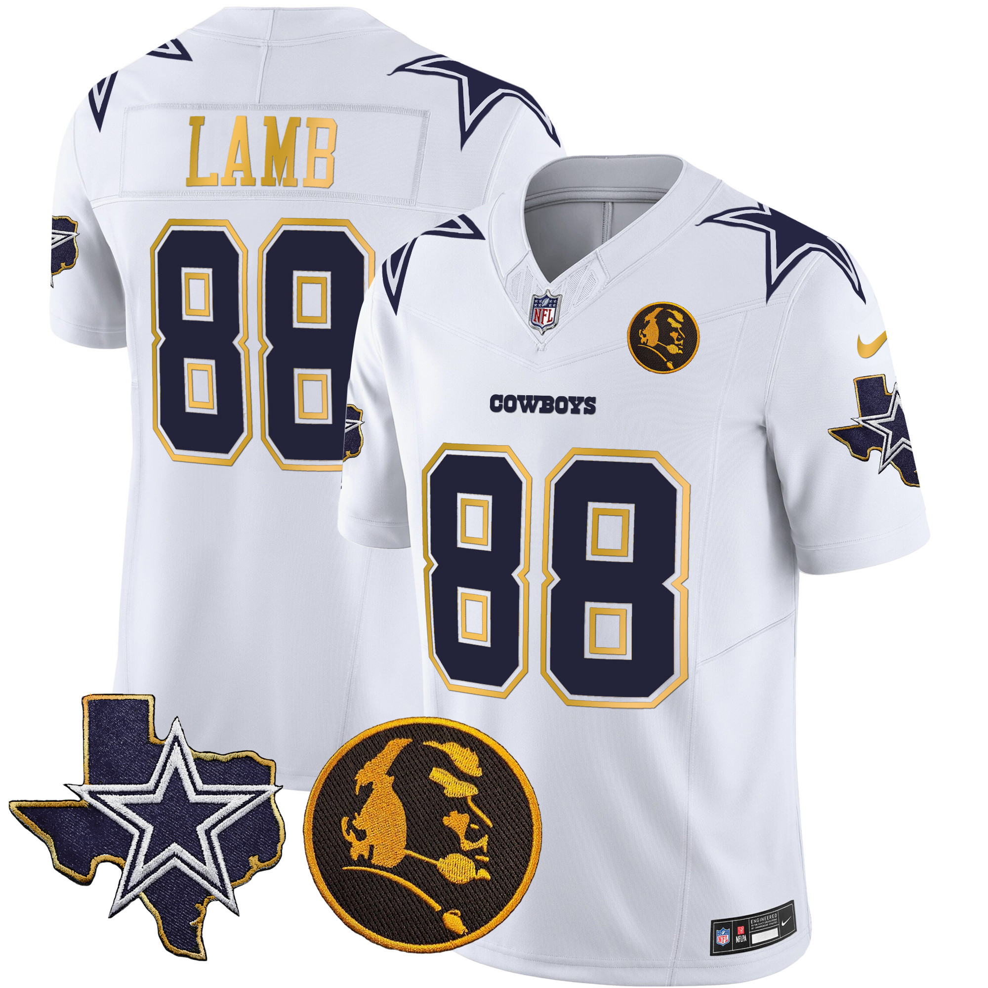 CeeDee Lamb Men's Dallas Cowboys Texas & John Madden Patch Gold Trim Vapor White Jersey - All Stitched 
