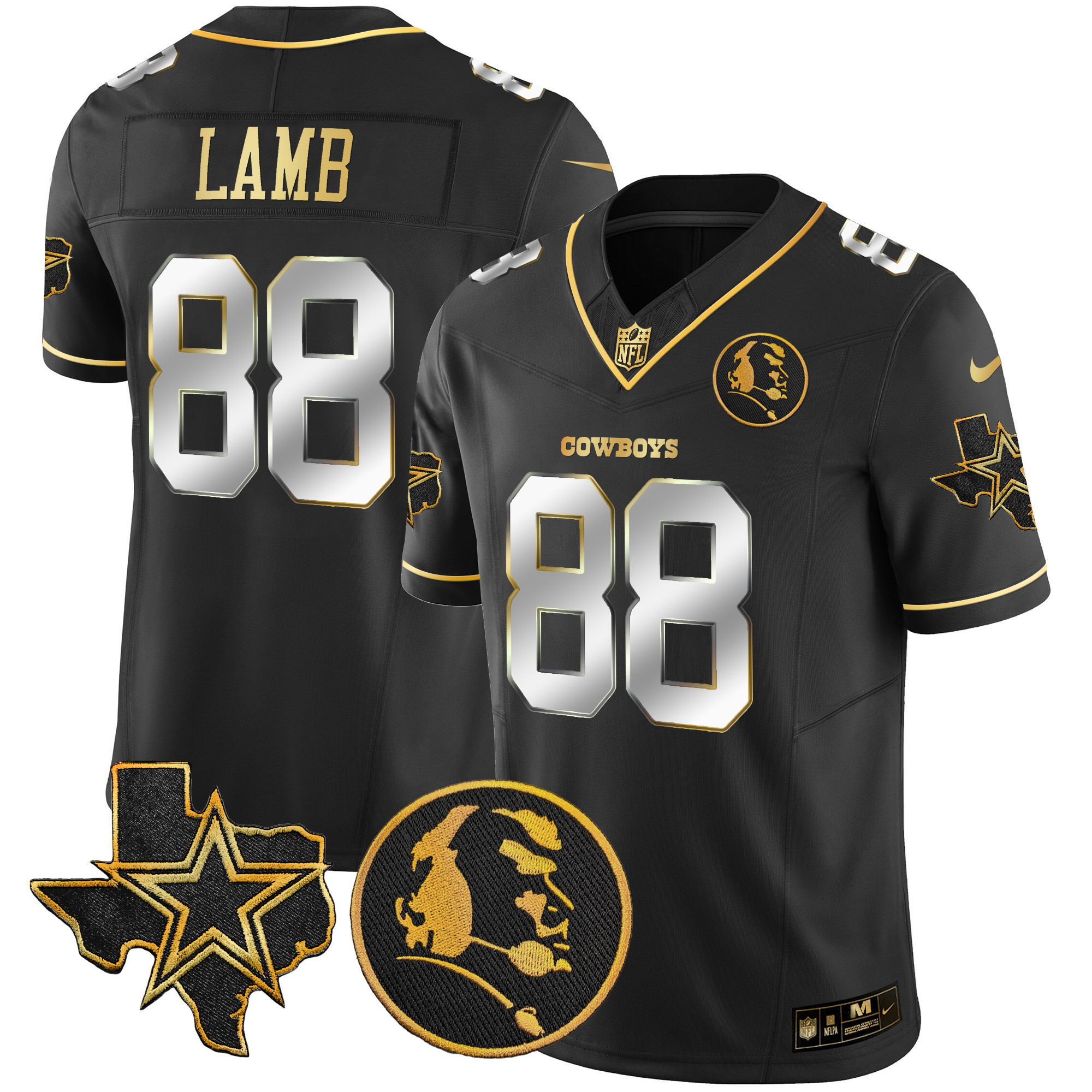 CeeDee Lamb Men's Dallas Cowboys Texas & John Madden Patch Gold Vapor Black Limited Jersey - All Stitched 